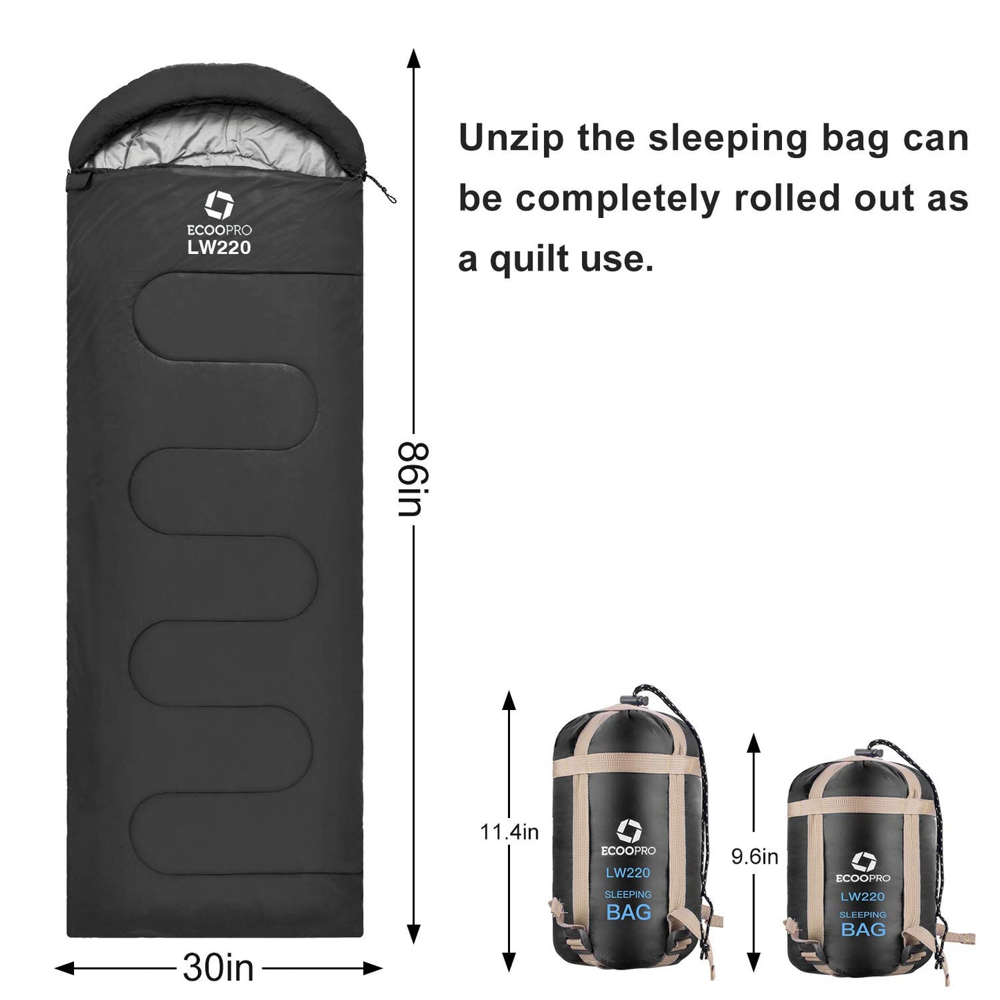 ECOOPRO Warm Weather Sleeping Bag - Portable, Waterproof, Compact Lightweight, Comfort with Compression Sack - Great for Outdoor Camping, Backpacking & Hiking-83 L x 30" W Fits Adults (B-Black)