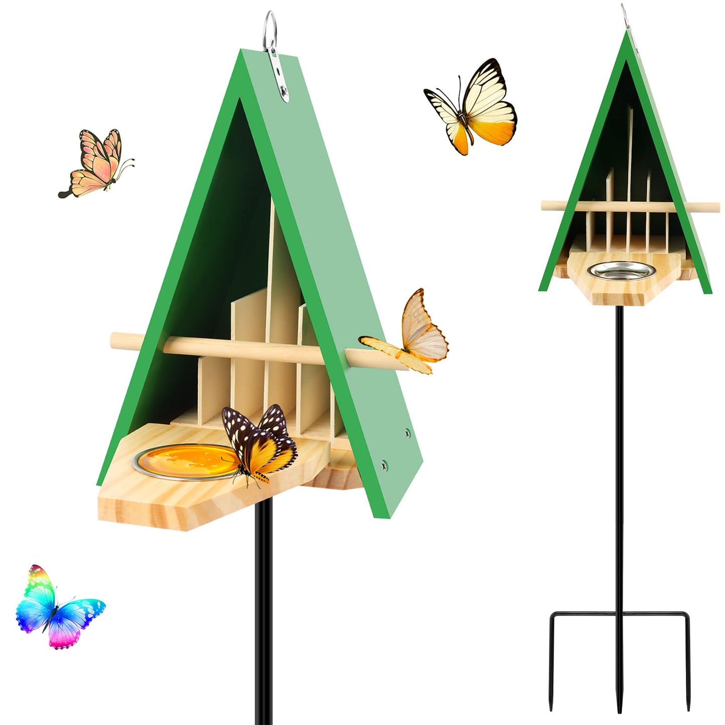 New Butterfly House and Feeder for Outside, Wooden Butterfly House with Metal Stake for Garden, Natural Butterfly Habitat with Butterfly Puddler on The Floor or Hanging on Tree Wall