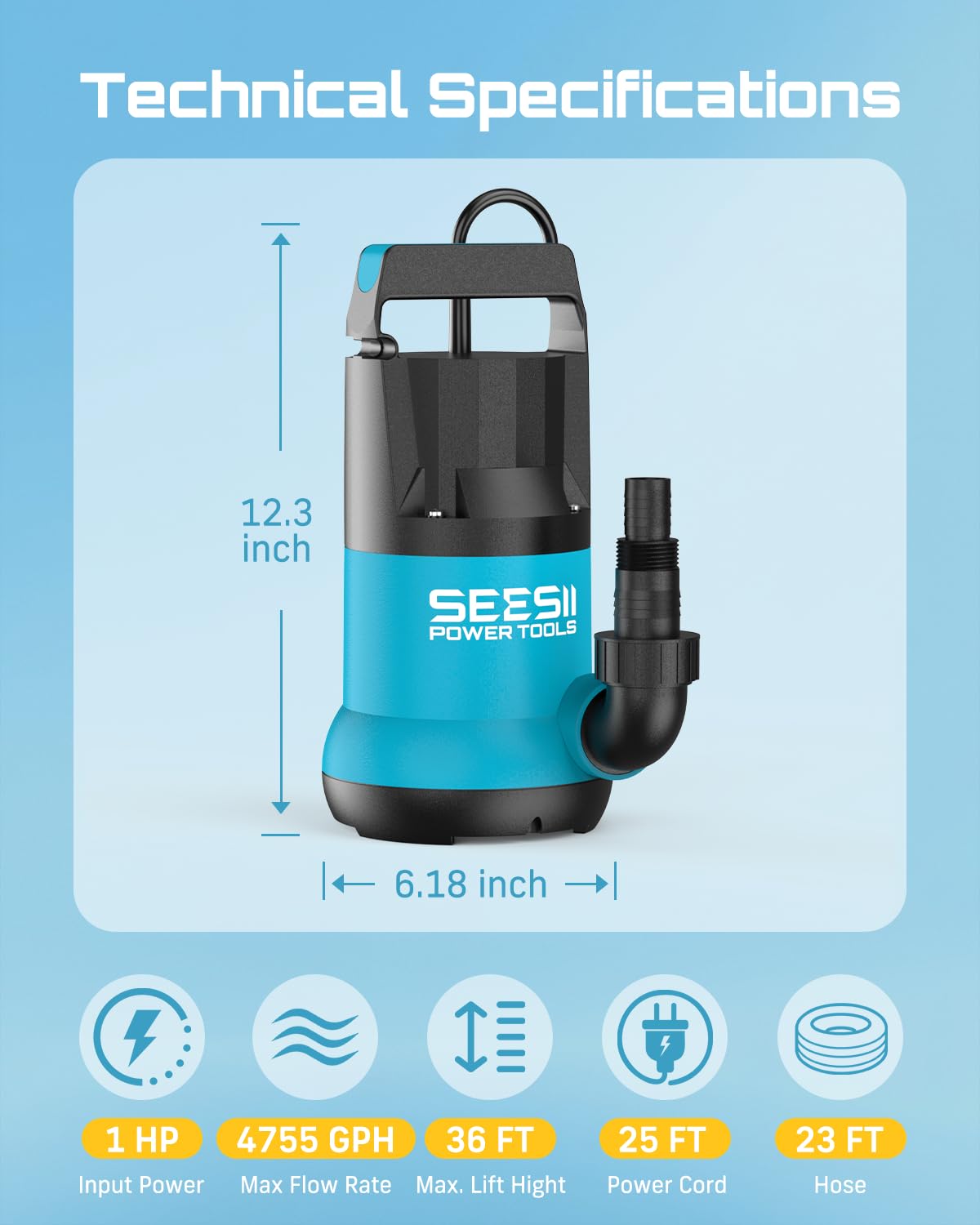 SEESII 1HP Submersible Water Pump, 4755GPH High Flow Sump Pump with 23ft Hose Kit, Anti-Clogging Filter Net for Swimming Pool Hot Tub Pond Basement Rooftop Garden Water Removal