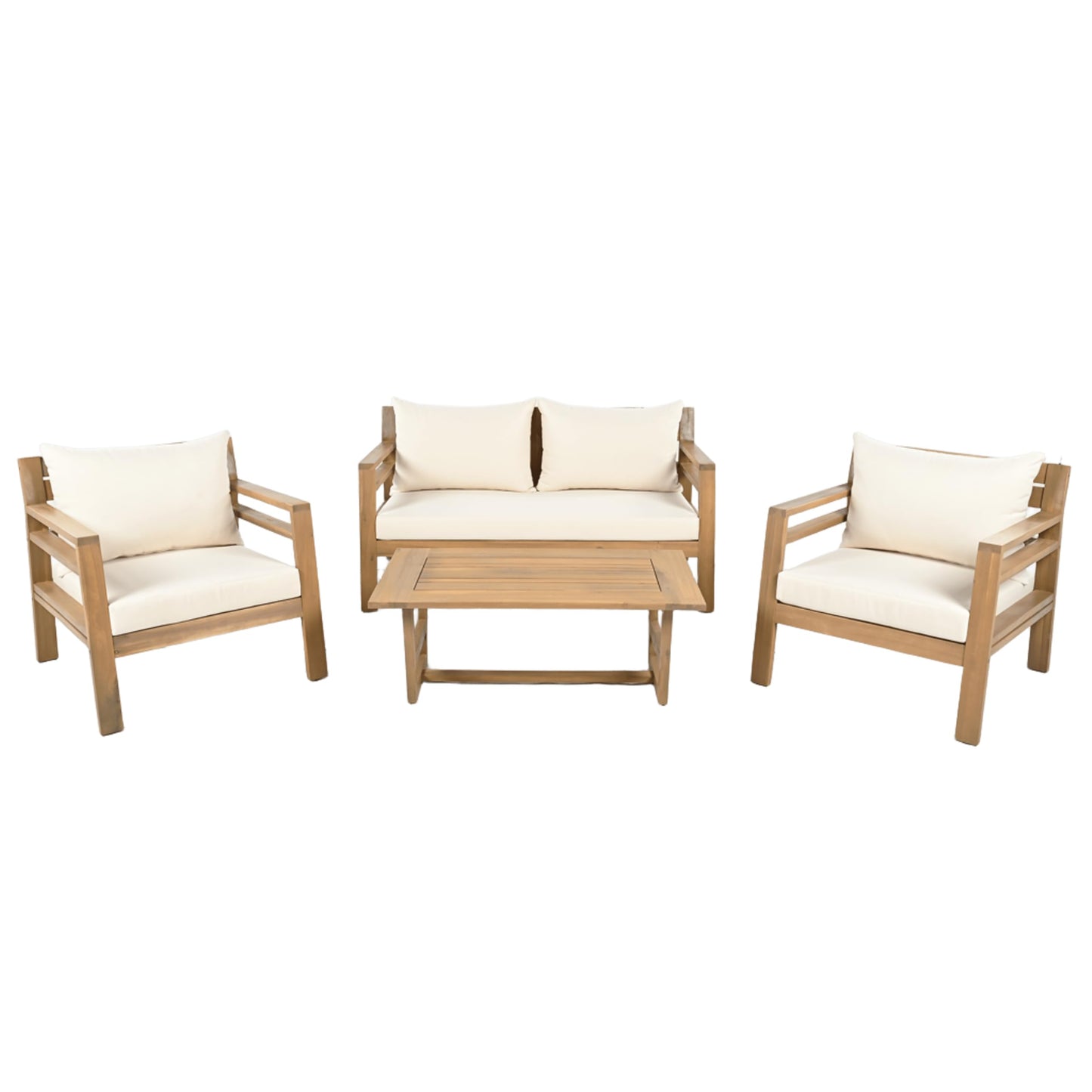 Christopher Knight Home Jamaia 4 Pieces Acacia Furniture Set, Patio Conversation Chat 2-Seat Sofa Set with Coffee Table, Outdoor Loveseat Chair Set for Garden Porch Backyard Balcony, Light Teak+Beige