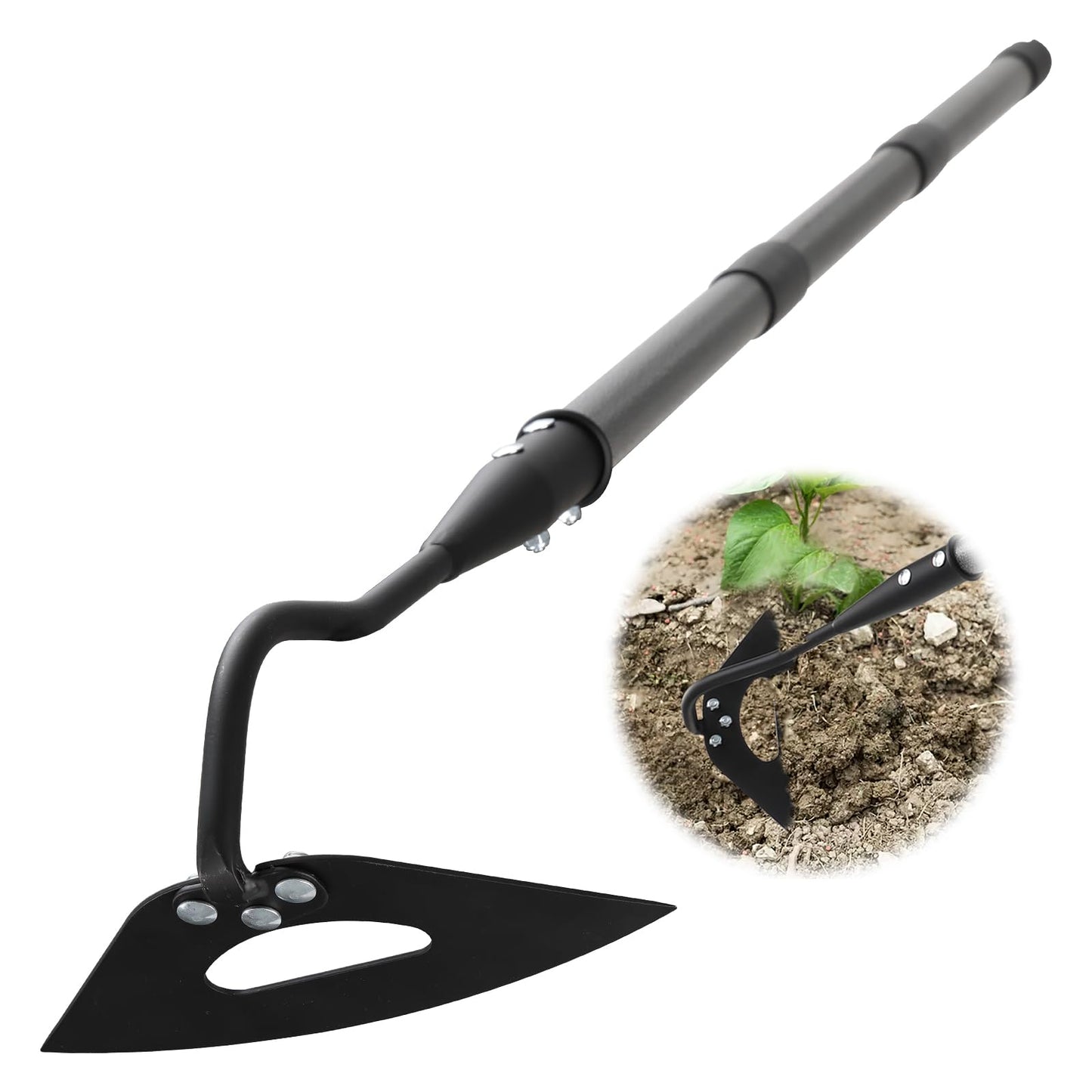 VUGHIUA Hoe Garden Tool, 69 Inch Hardened Hollow Eye Hoes for Weeing, Heavy Duty Weeding Tool with Splicing Adjustable Long Handle, Rustproof Metal Gardening Tools for Garden Flower Beds