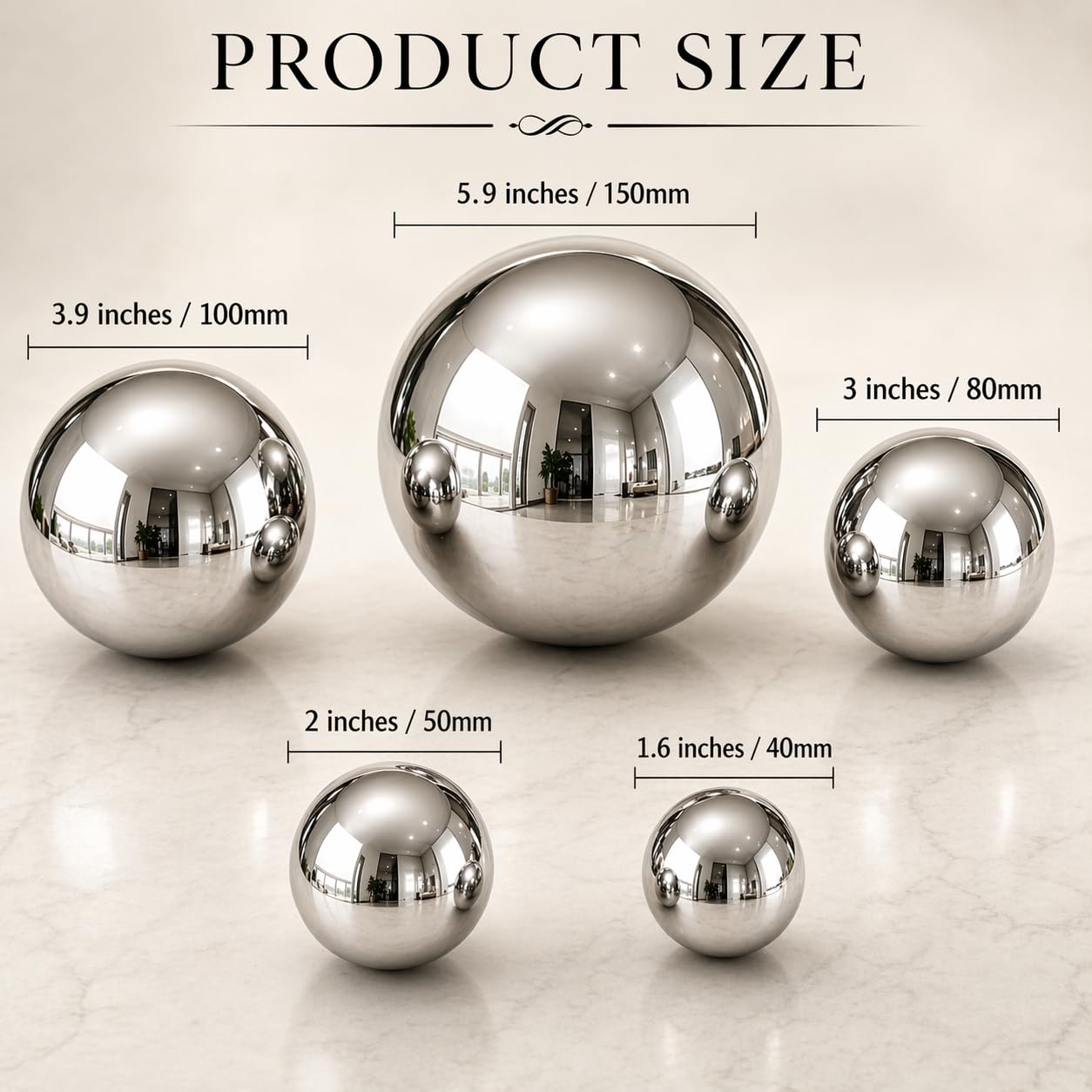 Nerien Gazing Ball, Stainless Steel Garden Mirror Globe, Polished Ornament Sphere, Hollow Floating Reflective Hemisphere, for Home Outdoor Pond Housewarming Swimming Pool Decoration, Silver, 5Pcs Mix