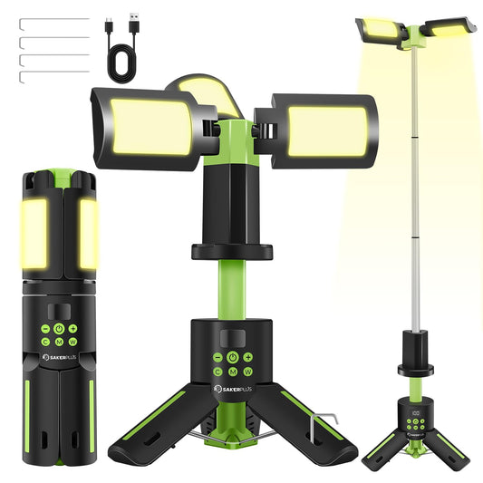 SakerPlus Portable Camping Lights with Stand, 5000LM Rechargeable LED Flashlight, 9 Color Modes, Collapsible Camping Lantern Tent Light with Magnetic Base for Power Outages, Camping & Emergency(Green)