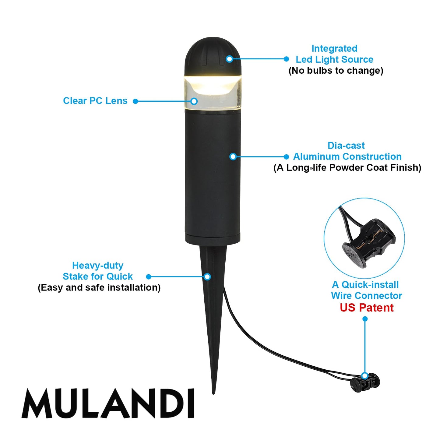 MULANDI LED Landscape Bollard Pathway Light, 2W, DC 12V Low Voltage Path Lighting Outdoor Waterproof, Die-Casted Aluminum Housing for Garden Light, 3000K Warm White Pack of 4