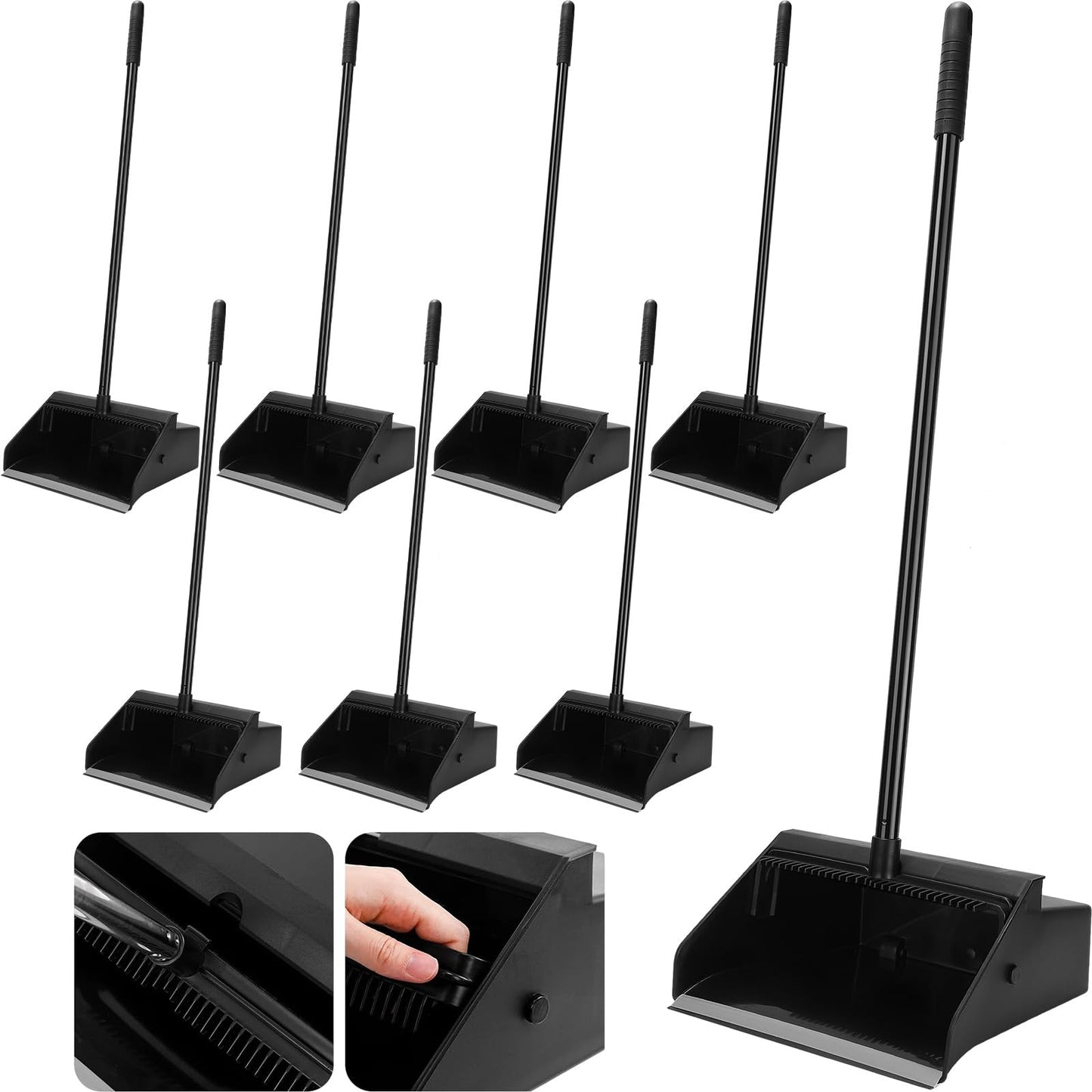 Leumoi 8 Pcs Dust Pans with Long Handle Set 36.6 Inch Commercial Dust Pan with Comb Large Plastic Stand up DustPans for Outdoor Indoor Restaurant Home Office Floor Cleaning (Black)