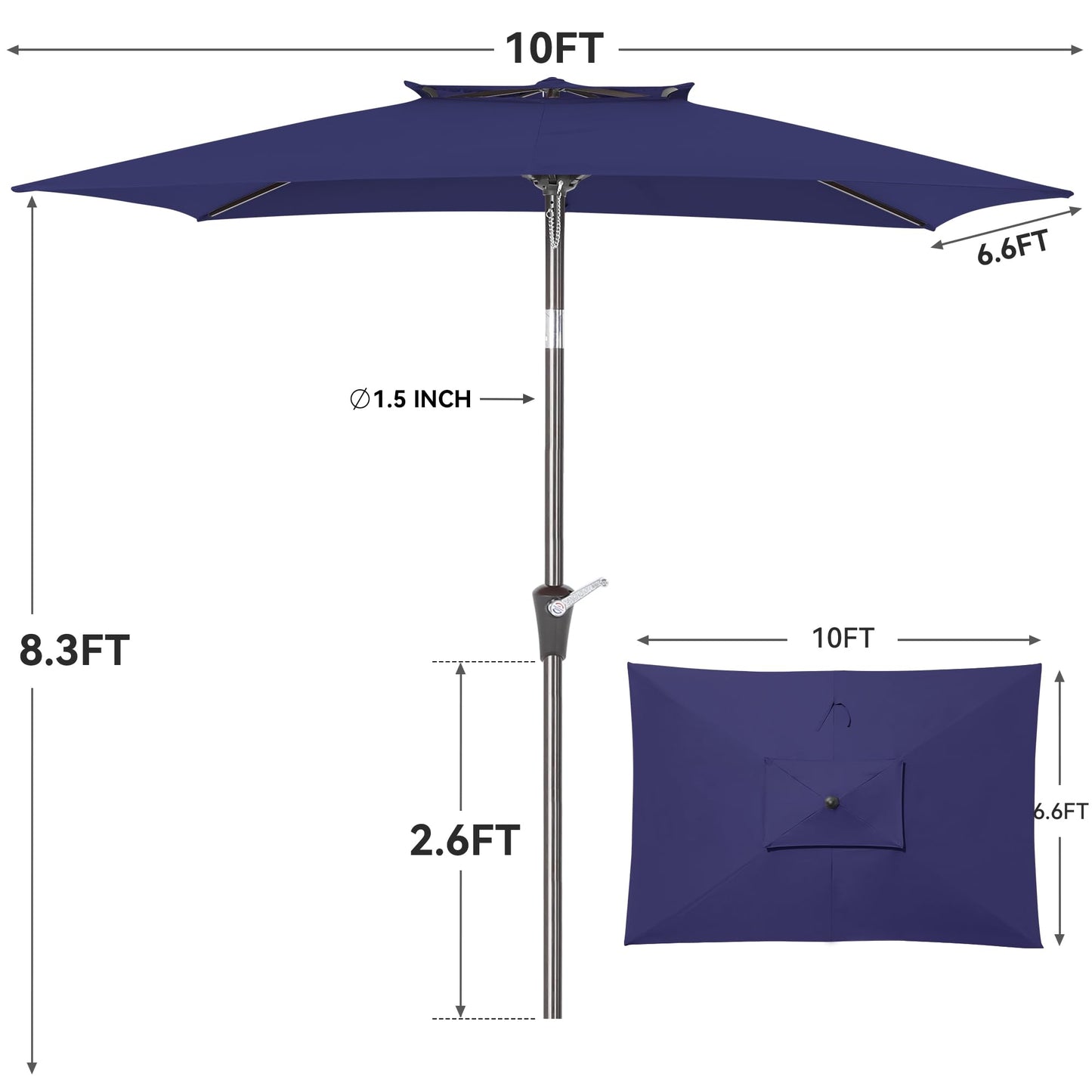 6.6 x 10 ft Rectangular Patio Umbrella, Outdoor Market Table Umbrella with Push Button Tilt and Crank, Double-Tier Vent, 6 Ribs, Rectangle Patio Umbrella for Backyard, Deck, Pool, Fits 4–6 Chairs and Tables (Navy)