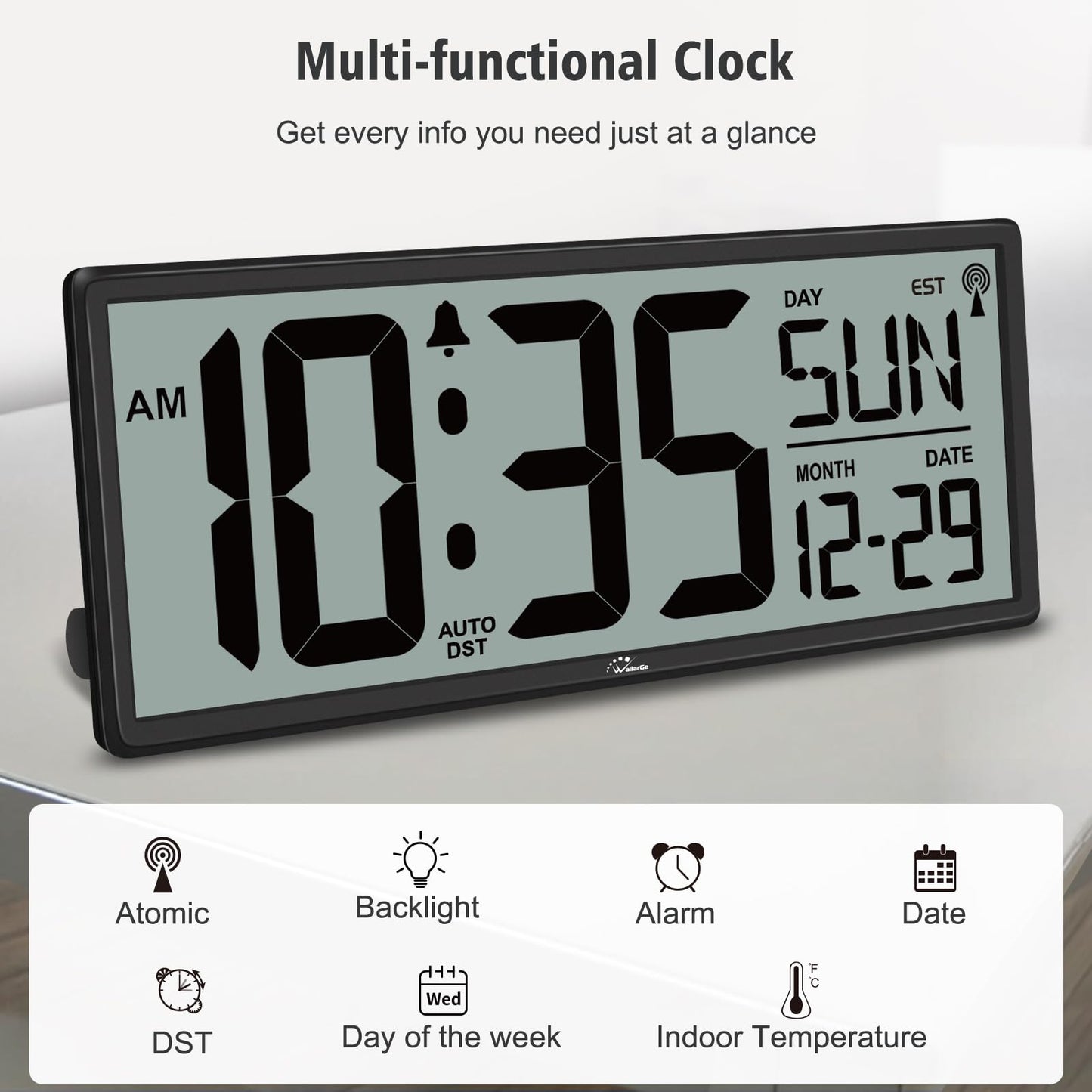 WallarGe 14.5'' Atomic Clock with Backlight, Large Digital Wall Clock Battery Operated, Large Display with Temperature and Date, Easy to Read and Set Digital Wall Clock, Auto DST