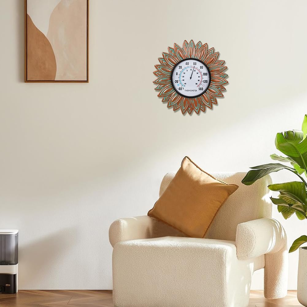 VEWOGIFT Sunflower Outdoor Thermometers, No Need Battery Indoor Themometer, 12" Metal Wall Thermometer with Large Number Easy to Read for Patio Room Decor