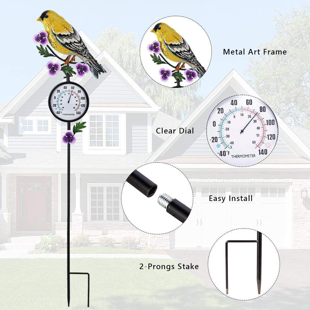 VEWOGIFT Outdoor Thermometer, Hummingbird Outside Thermometer with Garden Stake, 35" Tall No Battery Needed Wall Thermometer for Yard Patio Decor