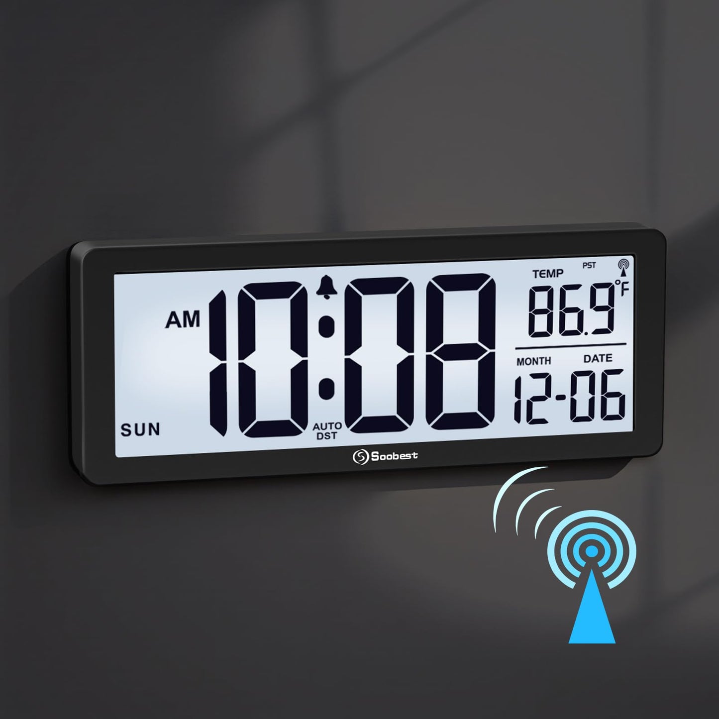 Soobest 8.5" Atomic Digital Wall Clock, Never Needs Setting, Auto Time Sync, Accurate & Easy to Use Clock with Backlight, Battery Operated, Temperature, Date, Auto DST, 4 Time Zones