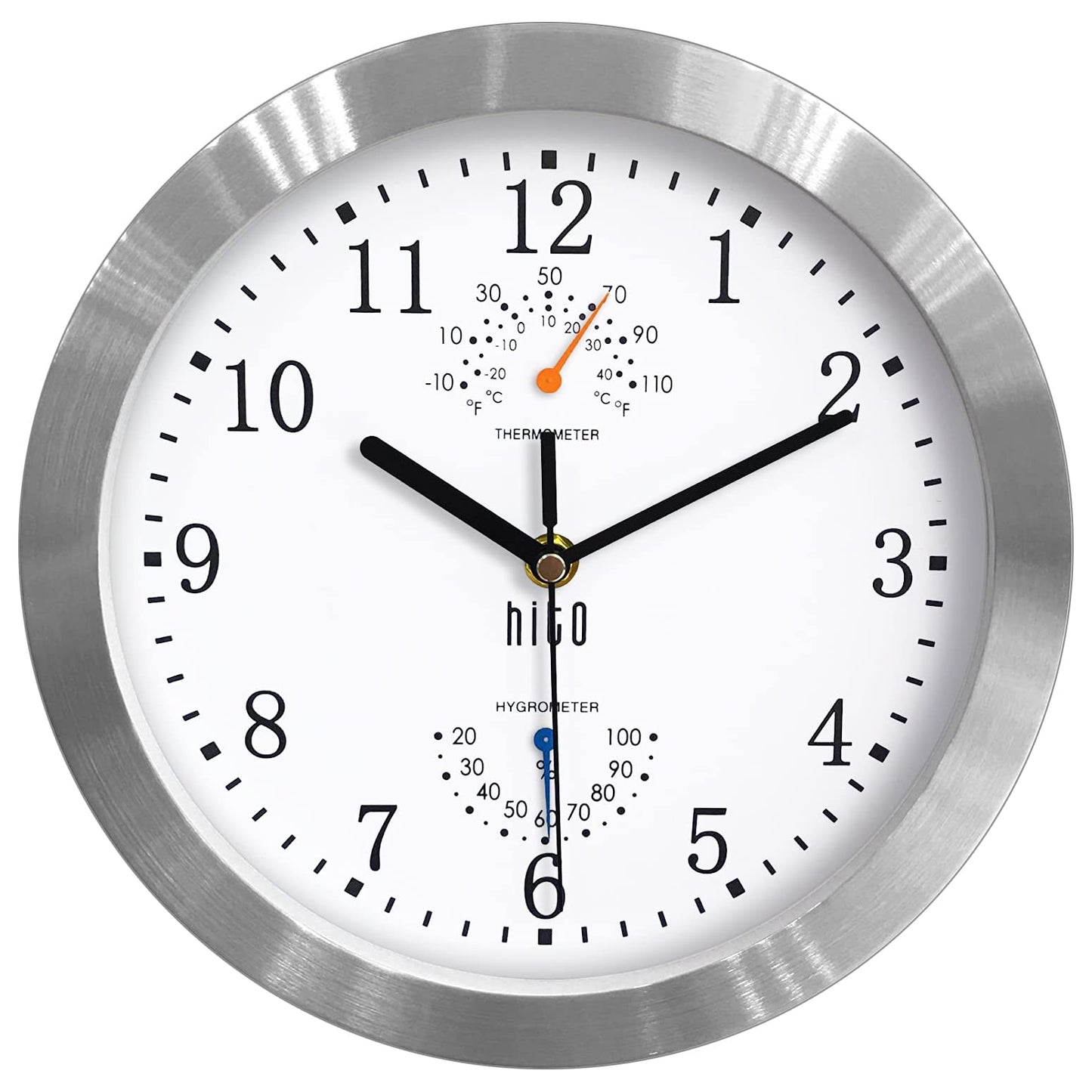 HITO 10 Inch Silent Wall Clock Battery Operated Non Ticking Glass Cover Silver Aluminum Frame, for Kitchen, Bedroom, Home Office, Living Room Decor (White)