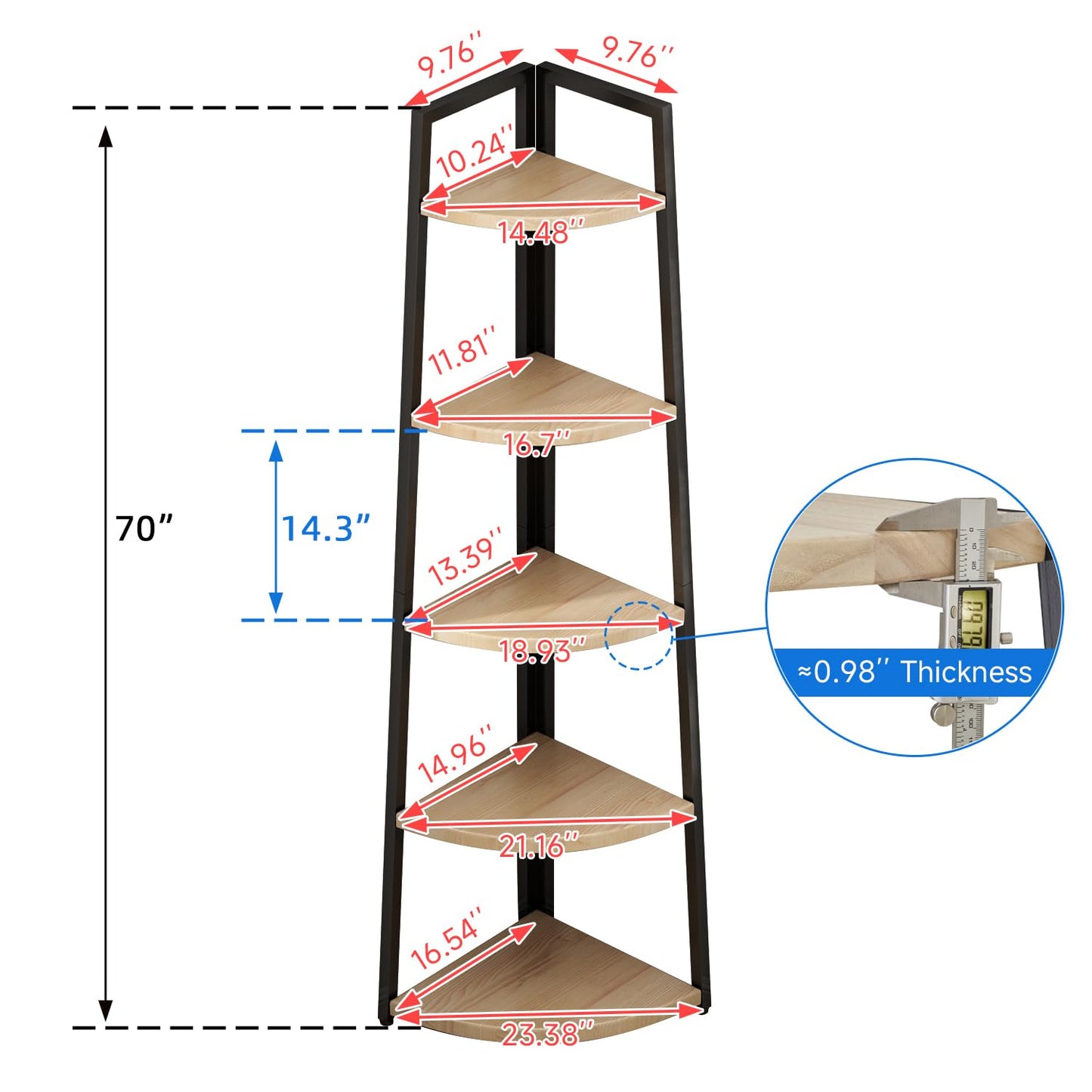 5 Tier Tall Corner Shelf,70 inch Solid Wood Rustic Corner Bookshelf Bookcase Industrial Ladder Shelf,Display Wooden Plant Stand Shelving Unit Shelf for Living Room,Kitchen,Home Office (Natural finish)