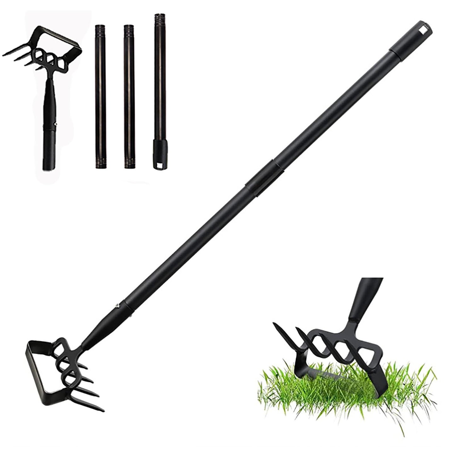 Elegital Hoe Garden Tools with Rake Tiller,30-62 inch Adjustable Long Handle Stirrup Hoe Rake,Hand Hoe/Sickle,Heavy Duty Rake Tiller for Digging,Weeding and Loosening Soil