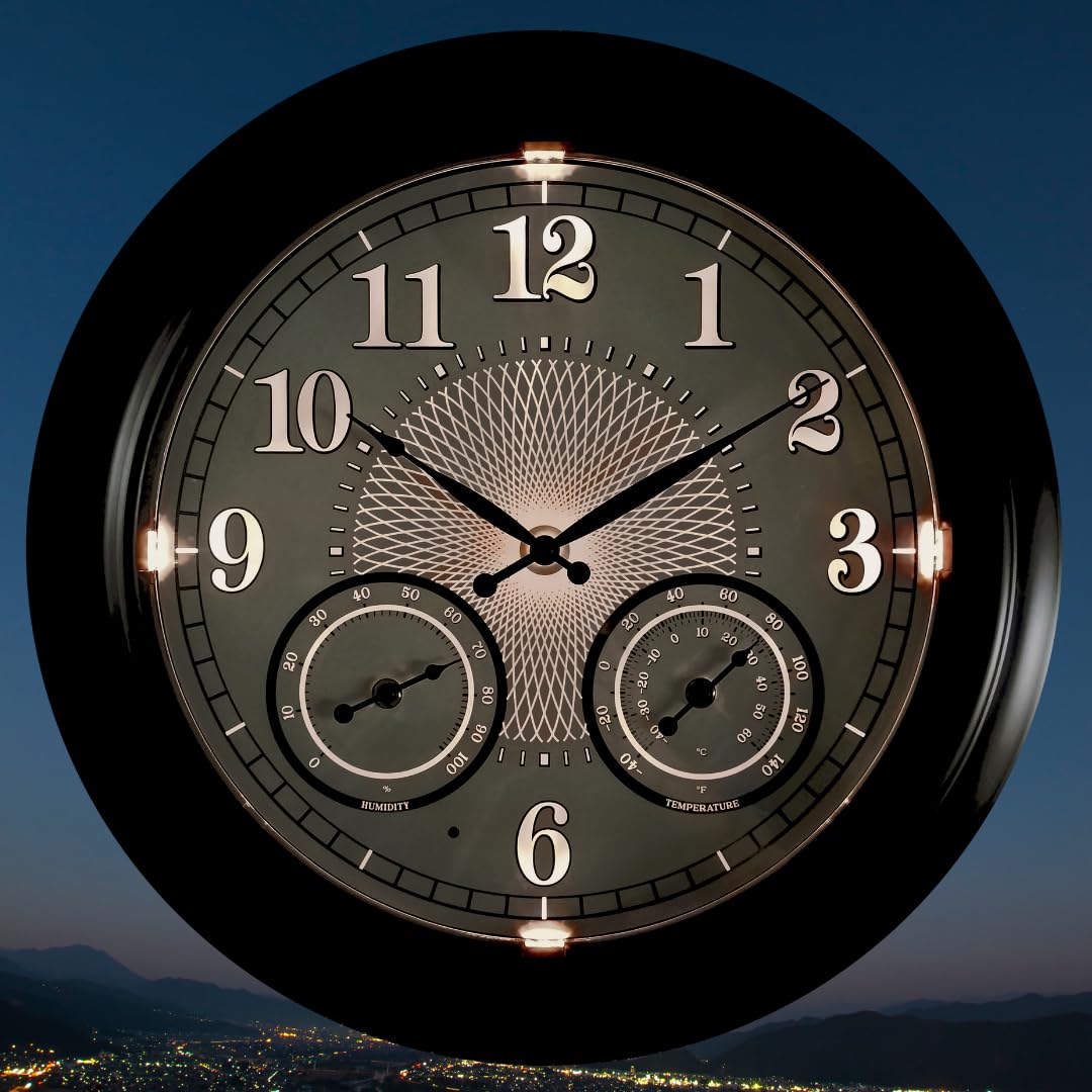 Illuminated Large Outdoor Clock - 18 inch Indoor Outdoor Night Light Wall Clock with Smart LED Sensor, Temperature and Humidity Combo - Weatherproof & Easy to Read for Pool, Patio & Home Decor