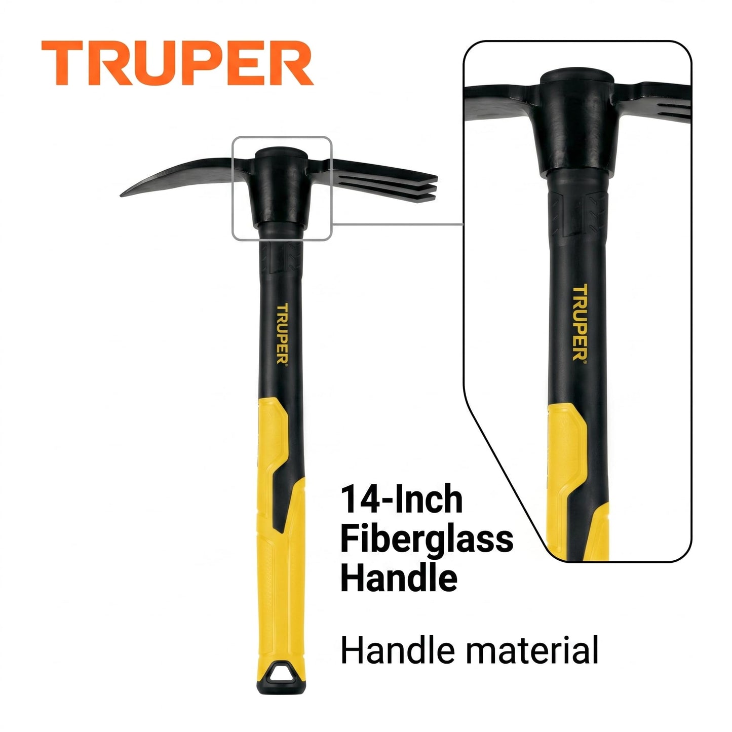 Truper Rapid Tiller, Digger Cultivator, 14-Inch Fiberglass Handle with Comfort Grip, Forged Steel Dual-Head Digging and Aerating Tool (Model RATI-F / 32739)