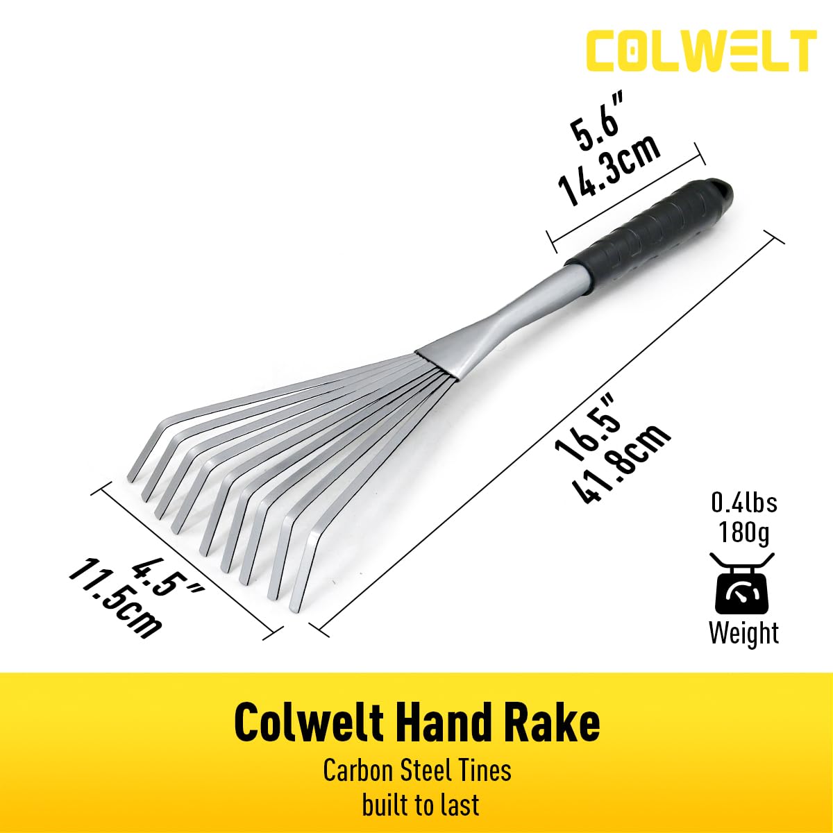 Colwelt Hand Rake 16.5", Small Rake for Gardening with 9 Resilient Flat Tines, Metal Mini Rake with Hanging Hole for Storage, Hand Fan Rake for Leaves, Loosening Soil, Spreading Mulch, Flower Beds