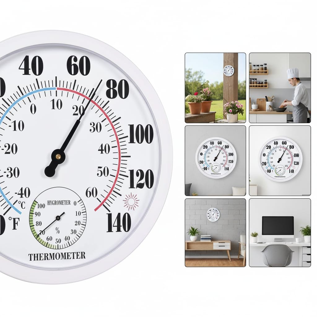 Outdoor Thermometer Hygrometer, 10 Inch Round Large White Gauge with Easy to Read Face, Waterproof Wall Mount for Patio, Garden, Garage, Home Outside Temperature and Humidity Monitor