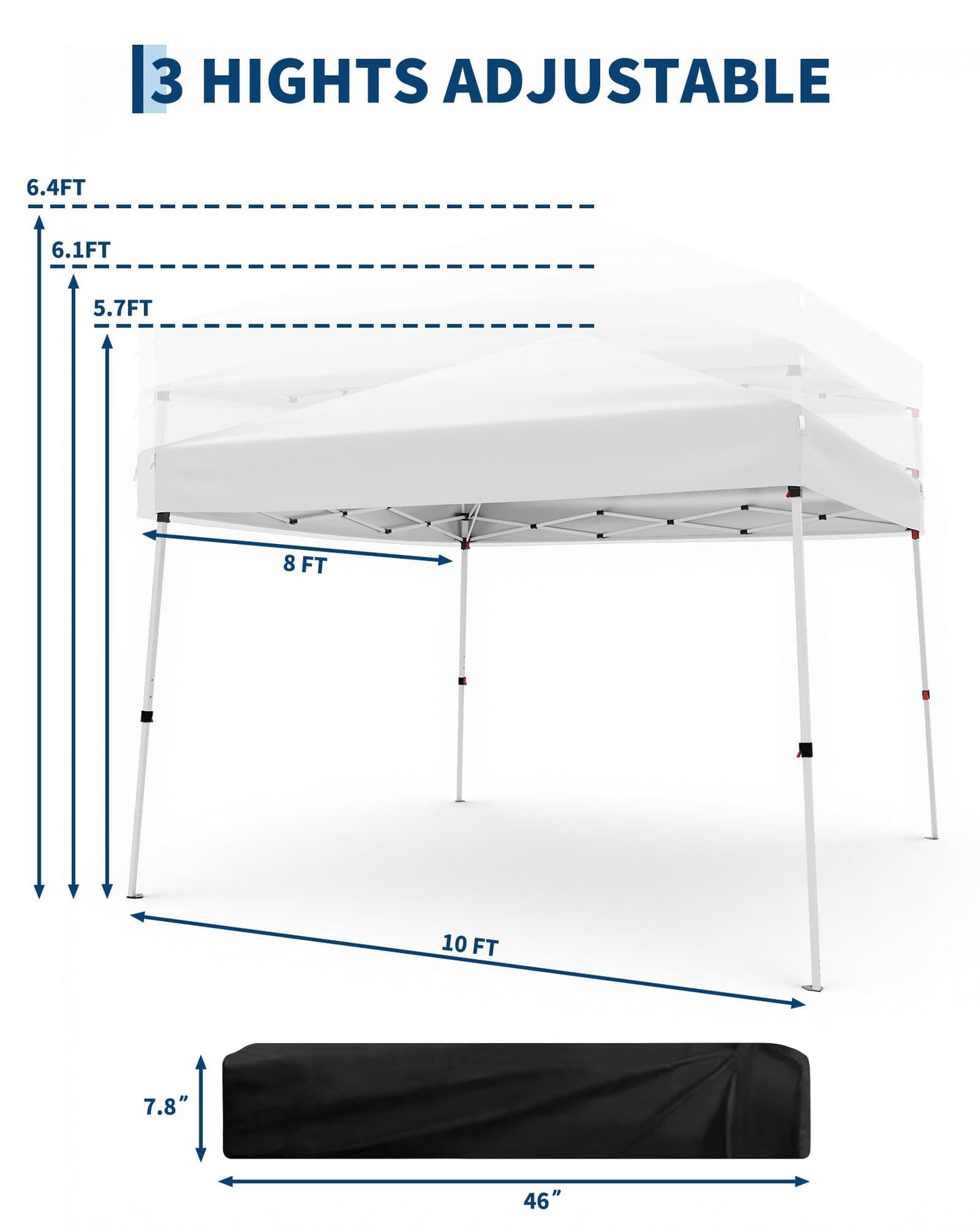 10x10ft Pop Up Canopy Tent with Slant Legs – Outdoor Instant Gazebo Shelter, UV-Resistant Waterproof Cover, Adjustable Height, Carrying Bag – 8x8ft Shade for Patio, Beach, Garden, Events