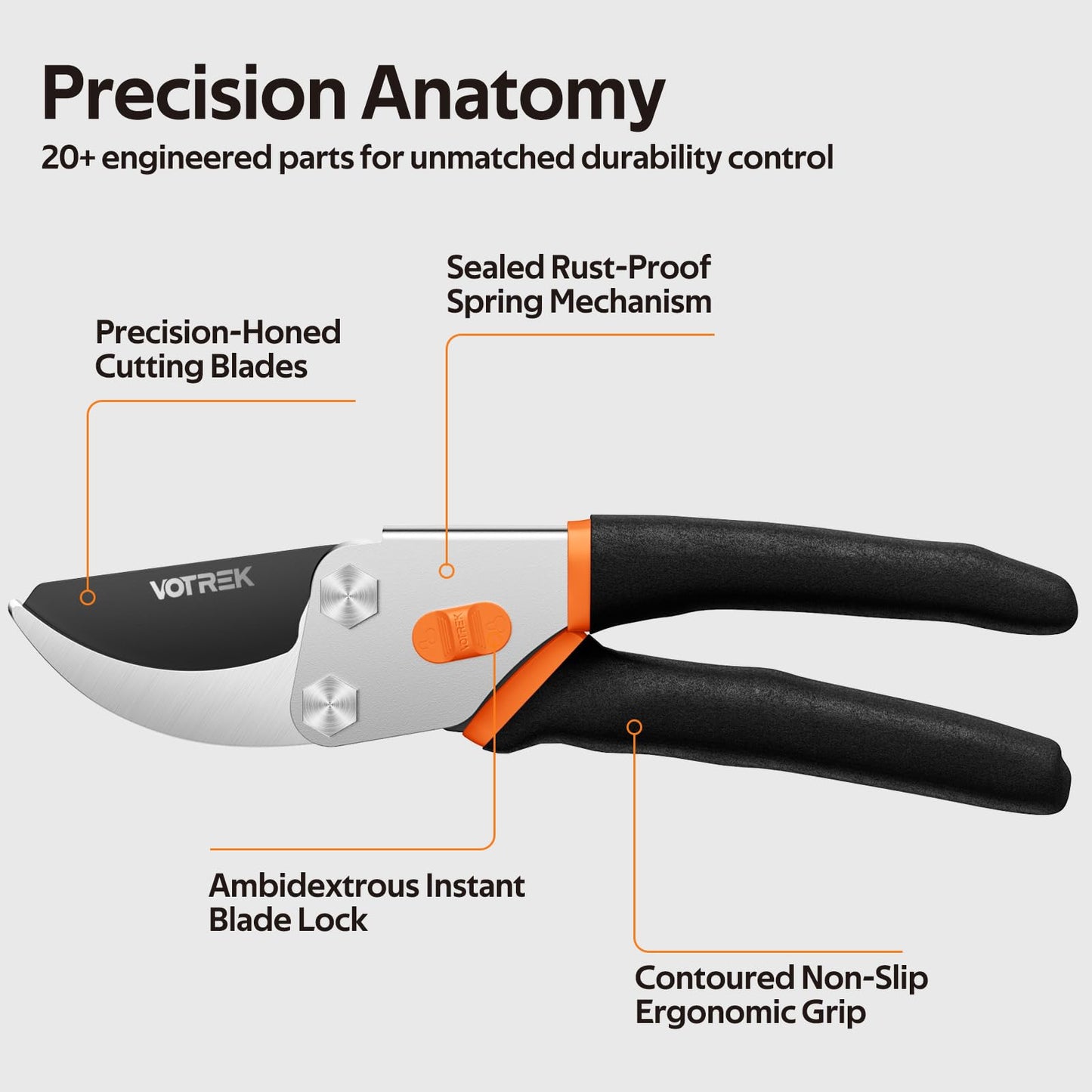 VOTREK® Pruning Shears, 8.5” Professional Garden Pruner with Jam-Proof Spring & Ever-Sharp SK5 Blade, Ergonomic Bypass Clippers for Rose, Tree Trimming, Heavy Duty Bonsai Scissor for Weak Hand