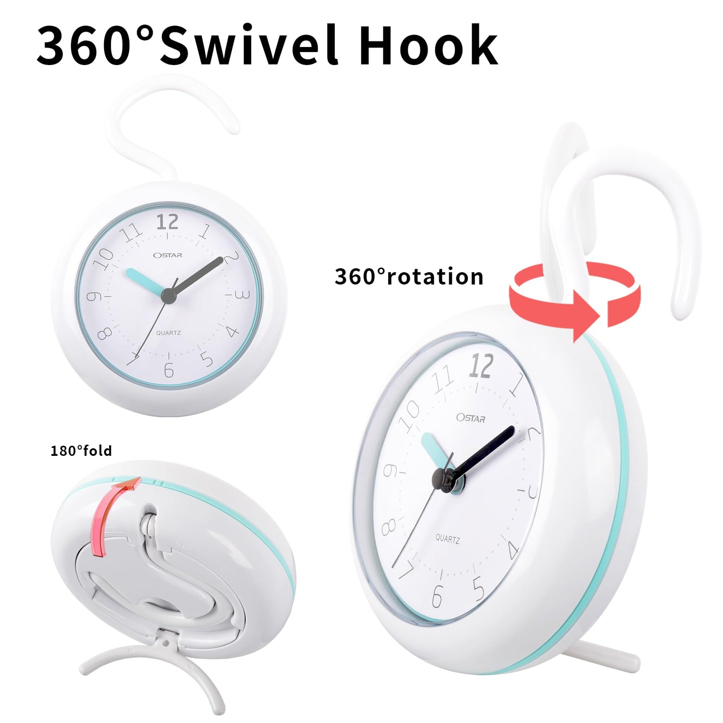 OSTAR Waterproof Bathroom Shower Clock, Analog Quartz Clock Hanging Stand Dual Purpose, One AA Battery Operated 4.72 inch Round Size