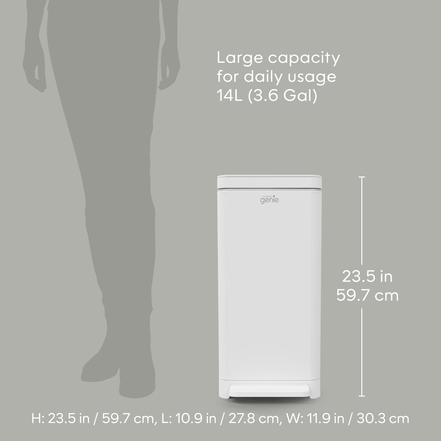 Kitchen Compost Bin, White Stainless-Steel Large, 3.6 Gallon, Indoor Odorless Composting, Hands-Free, Washable Parts, Includes 8 Tear-Off Compostable Bags and 1 Carbon Filter