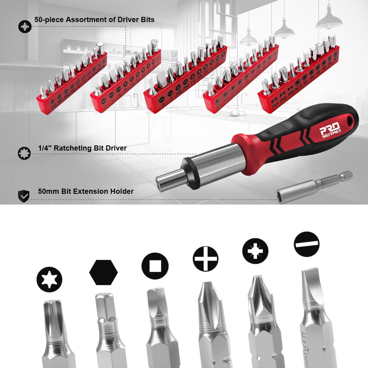 Prostormer 259-Piece Tool Kit, General Household Hand Tool Set with Plastic Storage Toolbox, Portable Complete Repair Tool Box for Home and Car (Red)