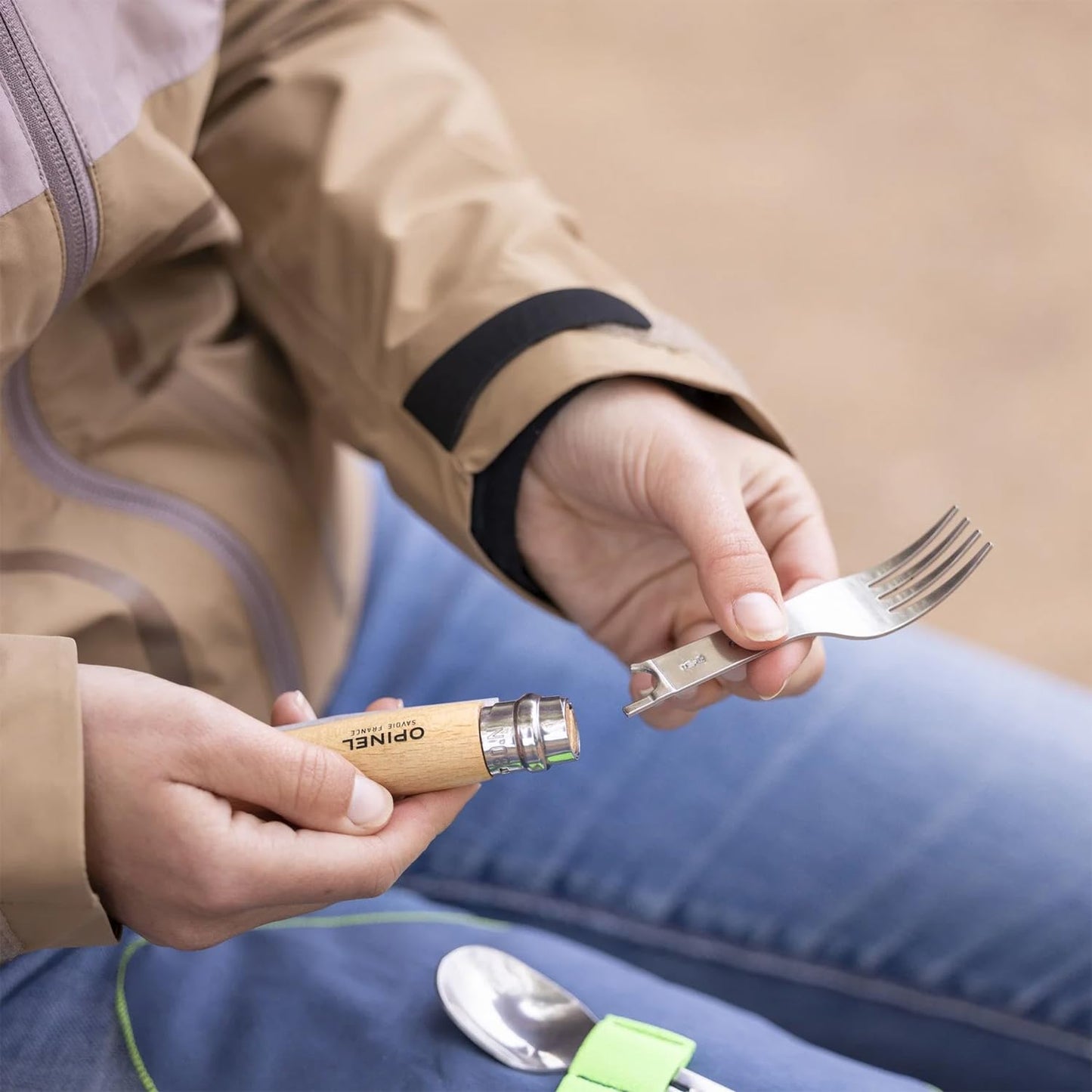 Opinel Picnic+ Cutlery Insert Set for No. 8 Folding Pocket Knives, Fork and Spoon Insert, Micro Fiber Napkin, Made in France