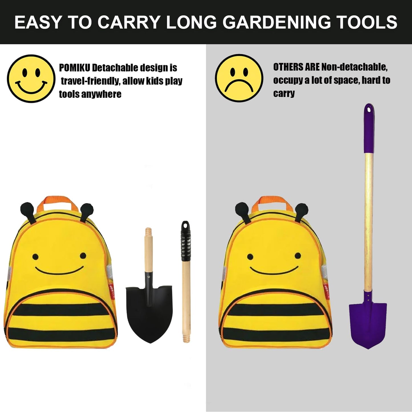 POMIKU Kids Rake and Shovel Sets, 7PCS Child Metal Gardening Tools for Real Digging-Great for Garden, Yard, Sandbox, Lawn, Camping Play, Outdoor Toys for Ages 2-4, 5-7 Years Old