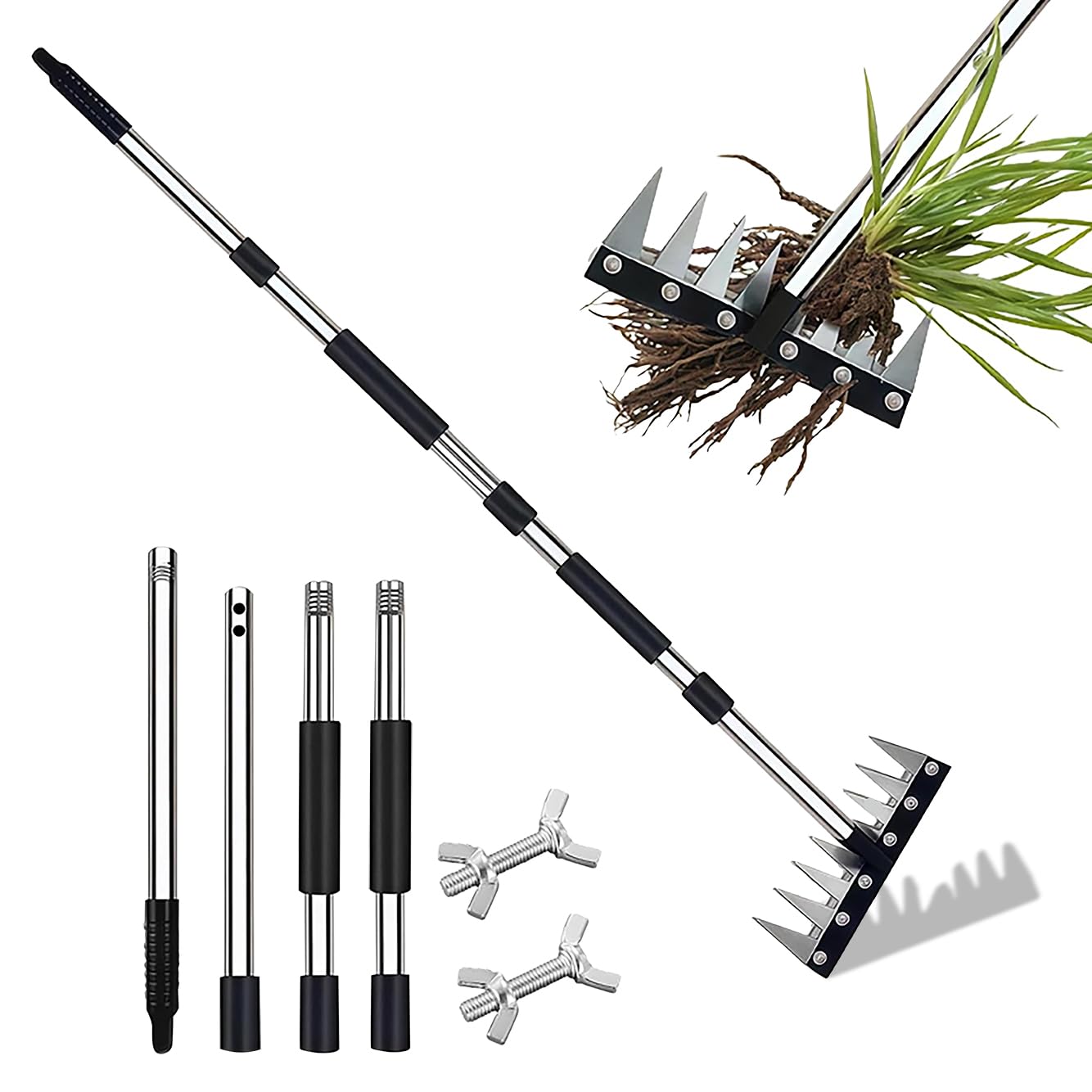 SXIDPDA Stainless Steel Weeding Tool, Thickened Version 8 Tines Weeder Rake, Weed Puller Tool with Long Handle, for Removing Weeds, Loosening Soil, Cleaning Flower Beds, Pine Needles & Lawn Prep