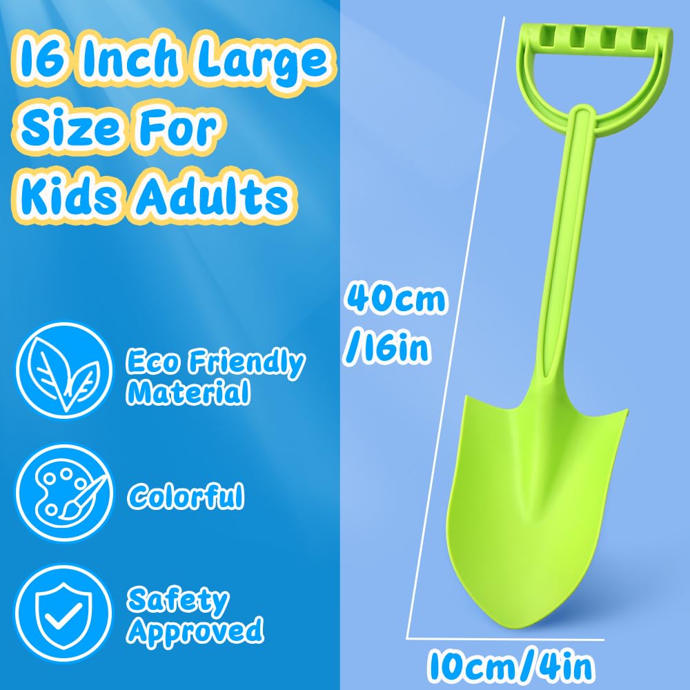 Heavy Duty 16" Thick Beach Sand Toy Shovels for Kids Adults, Jumbo Scooping Spade Toys Kit Gear Water Pool Gardening Digging Sandbox Toy Garden Tool Complete Gift Set for Boys Girls Green Blue Red