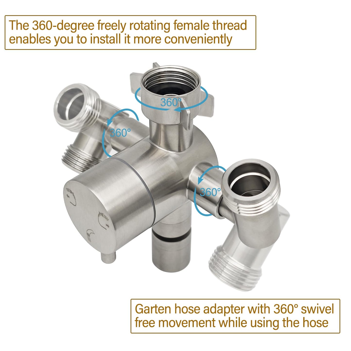 G-Sunny Stainless Steel Multi-Function Outdoor Faucet with Dual Garden Hose Adapter, Heavy Duty Outdoor Water Splitter with Extra Tap for Hand Washing, Bucket Filling (Dual Hose)
