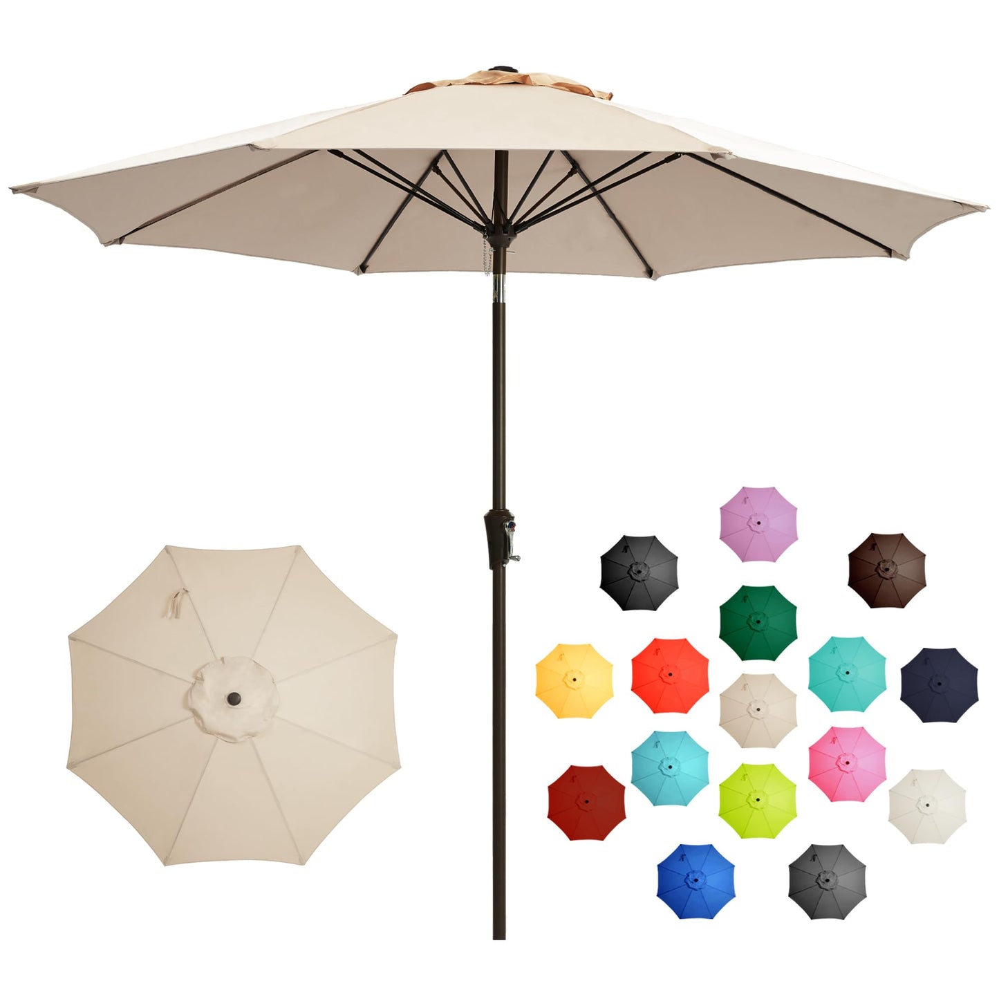 LOUNZY 9FT Large Outdoor Patio Umbrella Table Umbrella-UV Resistant,Easy Push Button Tilt and Crank,8 Sturdy Fiberglass Ribs Pool Umbrella for Patio,Backyard,Deck,Yard,Market,Beige