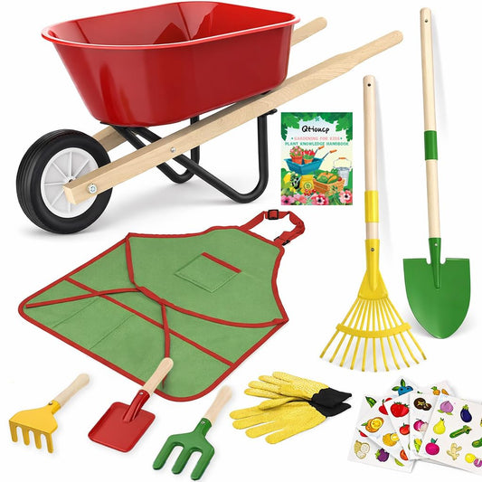 Qtioucp Kids Gardening Wheelbarrow Set, Metal & Wooden Garden Tools for Kids Ages 3-8, Real Wheelbarrows with Apron, Gloves & STEM Guide, Outdoor Backyard Garden Toy Gift (Wheelbarrow Garden Set)