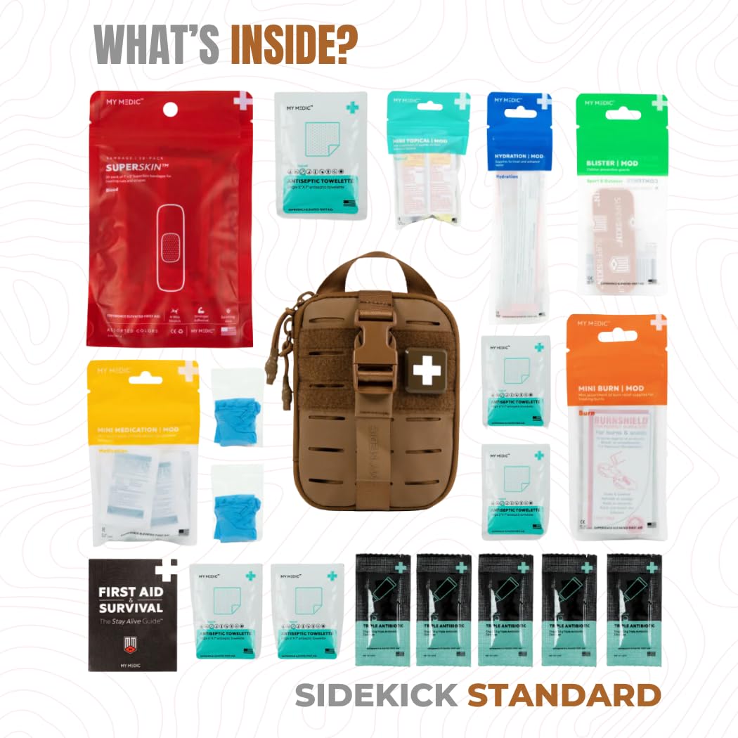 My Medic Sidekick - Camping Hiking and Backpacking First Aid Kit - 70 Items - HSA and FSA Eligible - Small Ifak Great for Travel or Motorcycle - Portable Emergency Kit – Coyote