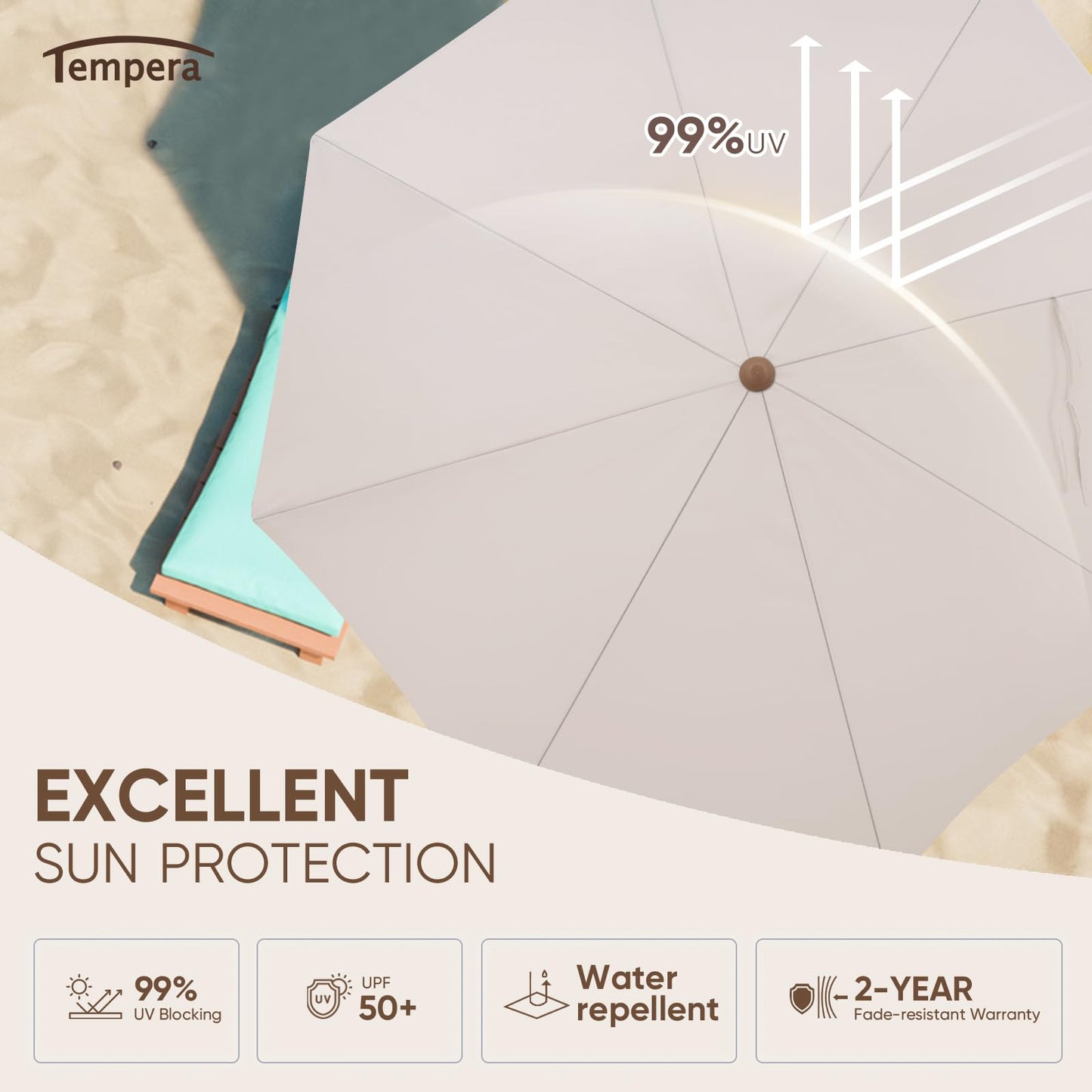 Tempera 7ft Outdoor Patio Umbrella with Carry Bag, Beach Umbrella with Fringe | Vintage Tassel Umbrella with Prime Steel Pole and Ribs Push Button Tilt, Ideal for Garden Lawn Poolside, UPF50+, Beige