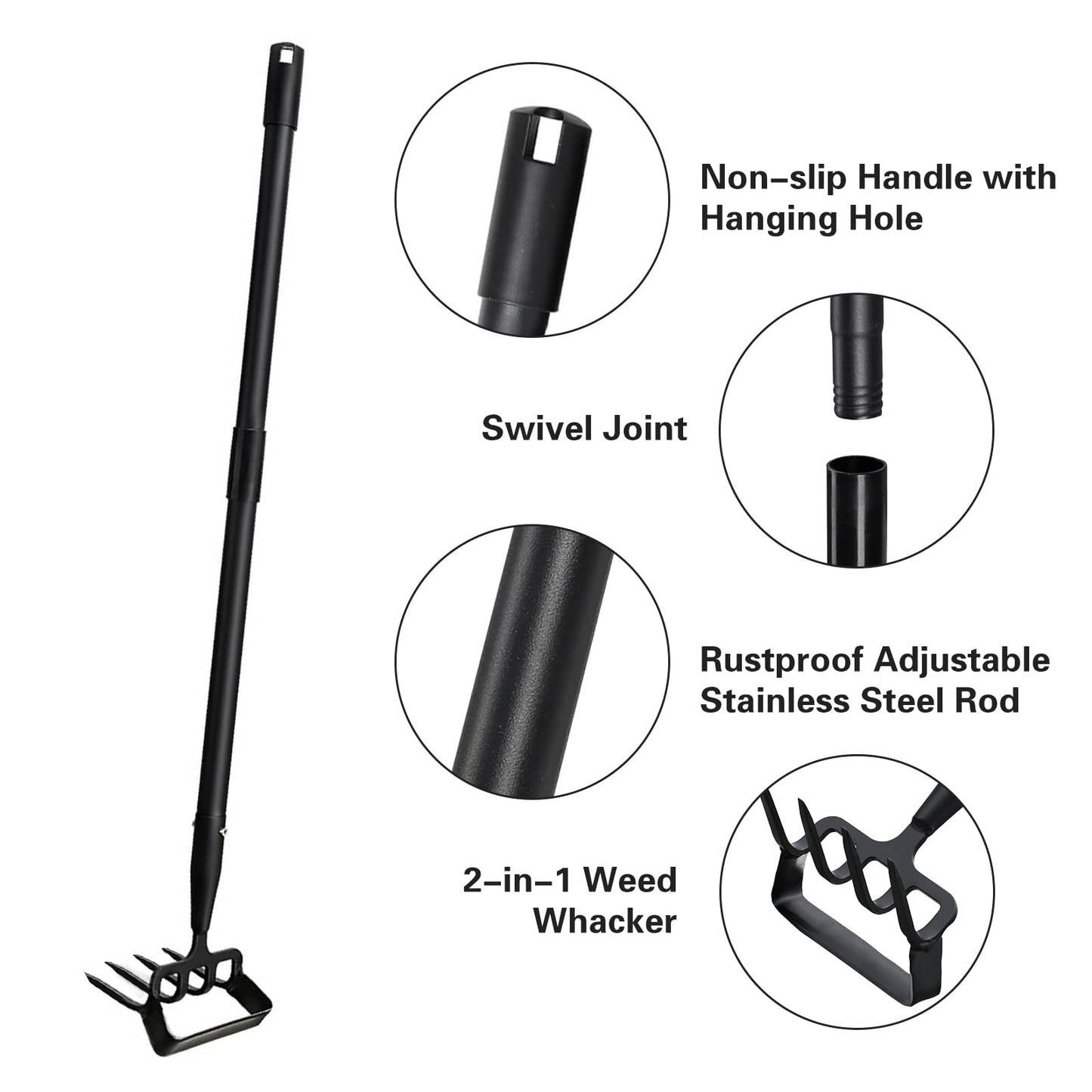 Elegital Hoe Garden Tools with Rake Tiller,30-62 inch Adjustable Long Handle Stirrup Hoe Rake,Hand Hoe/Sickle,Heavy Duty Rake Tiller for Digging,Weeding and Loosening Soil