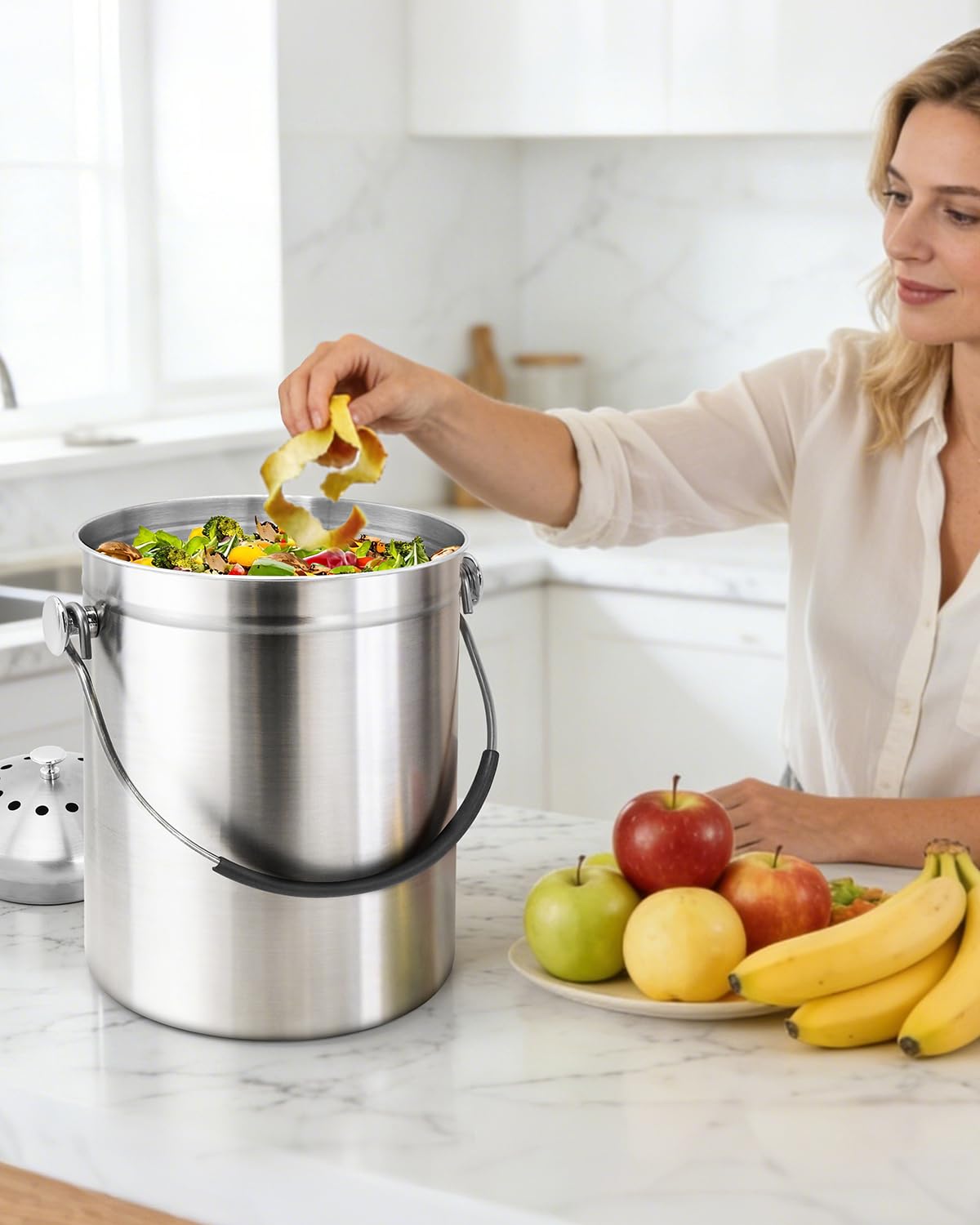 LRYYBTI Countertop Compost Bin Kitchen with Lid and 2 Charcoal Filter for Odorless Composting | Stainless Steel Kitchen Composter with Soft-Grip Handle (Silver, 1.3 Gallon)
