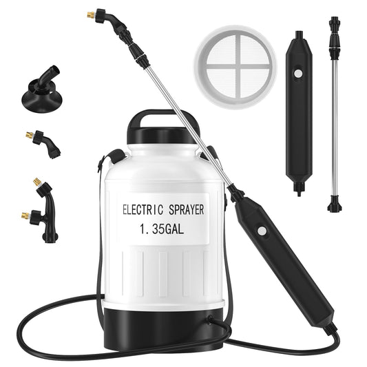 Battery Powered Electric Sprayer 1.35 Gallon Garden Pump Sprayer, Retractable Wand, 3 Mist Nozzles, USB Rechargeable Handle & Adjustable Shoulder Strap for Yard Lawn Planting