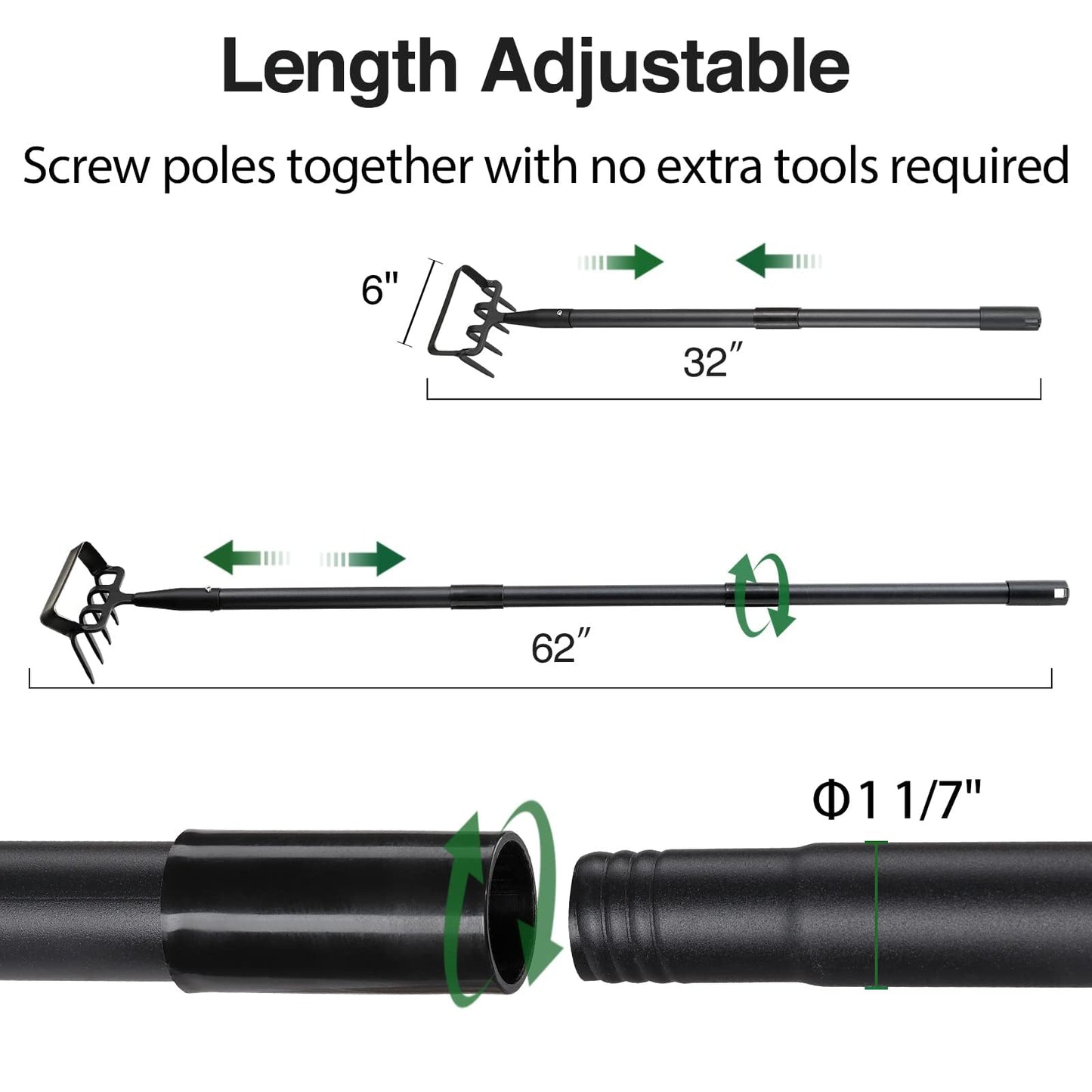 Stirrup Hoe and Cultivator Garden Tool Heavy Duty, Scuffle Loop Action Hoe Weeding Gardening Hand Tools for Women Kids Men, Metal Weeder Scraper Garden Hoe Rake Weed Puller Long Handle 32-62 inch