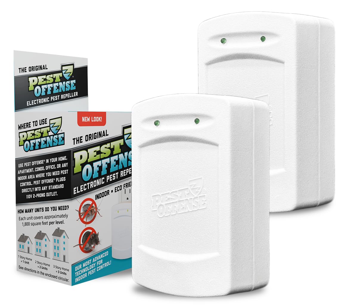 Upgraded PEST OFFENSE New Look Electronic Pest Repeller for Indoor Pest Control of Mice, Rats, Rodents, Roaches for Home, Office, Business, Garage, Warehouse
