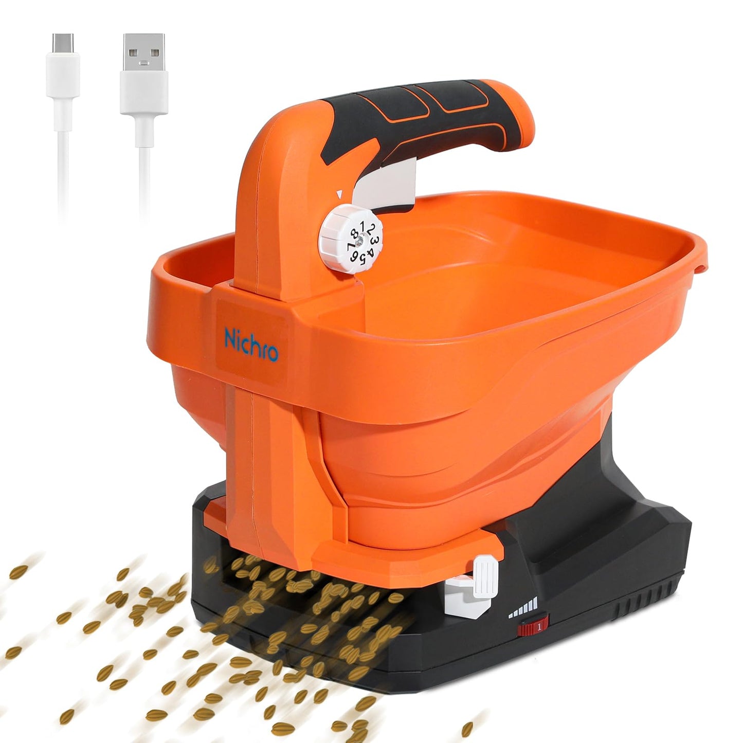 Electric Seed & Fertilizer Spreader, Type-C Rechargeable Handheld Lawn & Salt Spreader, 6 Speeds & 8 Flow Settings, 3.3L Capacity, 16.5 ft Wide Spread for Grass Seed & Ice Melt (Battery Included)