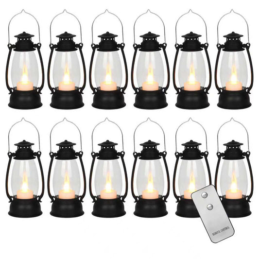 Reperla 12PCS Black Mini Lanterns with Remote Control, 5.1" H/13cm (6.7" H with Handle) Vintage LED Lantern Decorative - Christmas Table Centerpieces, Western Party Decorations & Camping Party Decor