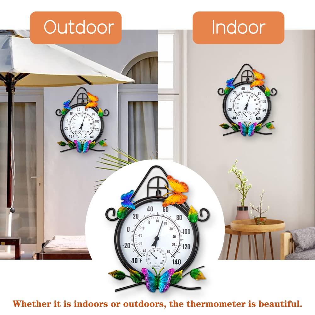 HOBYLUBY Indoor Outdoor Thermometer，Large Wall-Mounted Thermometer with Humidity, Easy to Read Decorative Outside Thermometer for Patio, Garden, No Require Batteries(Black)