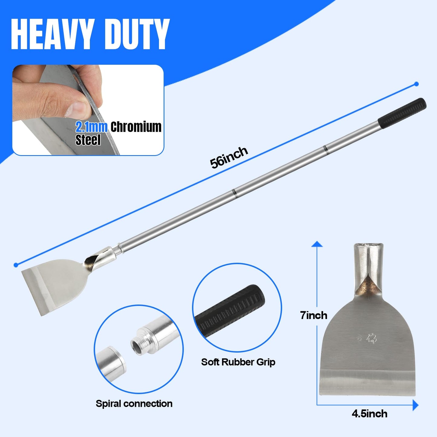 ROLKAR Floor Scraper Tool, Garden Flat Shovel, Razor Blade Paint Scrapers for Wallpaper Sticker Removal, Tile Gum Glue Stains Cleaning Tools, Snow Shovel for Driveway-Stainless Steel Long Handle