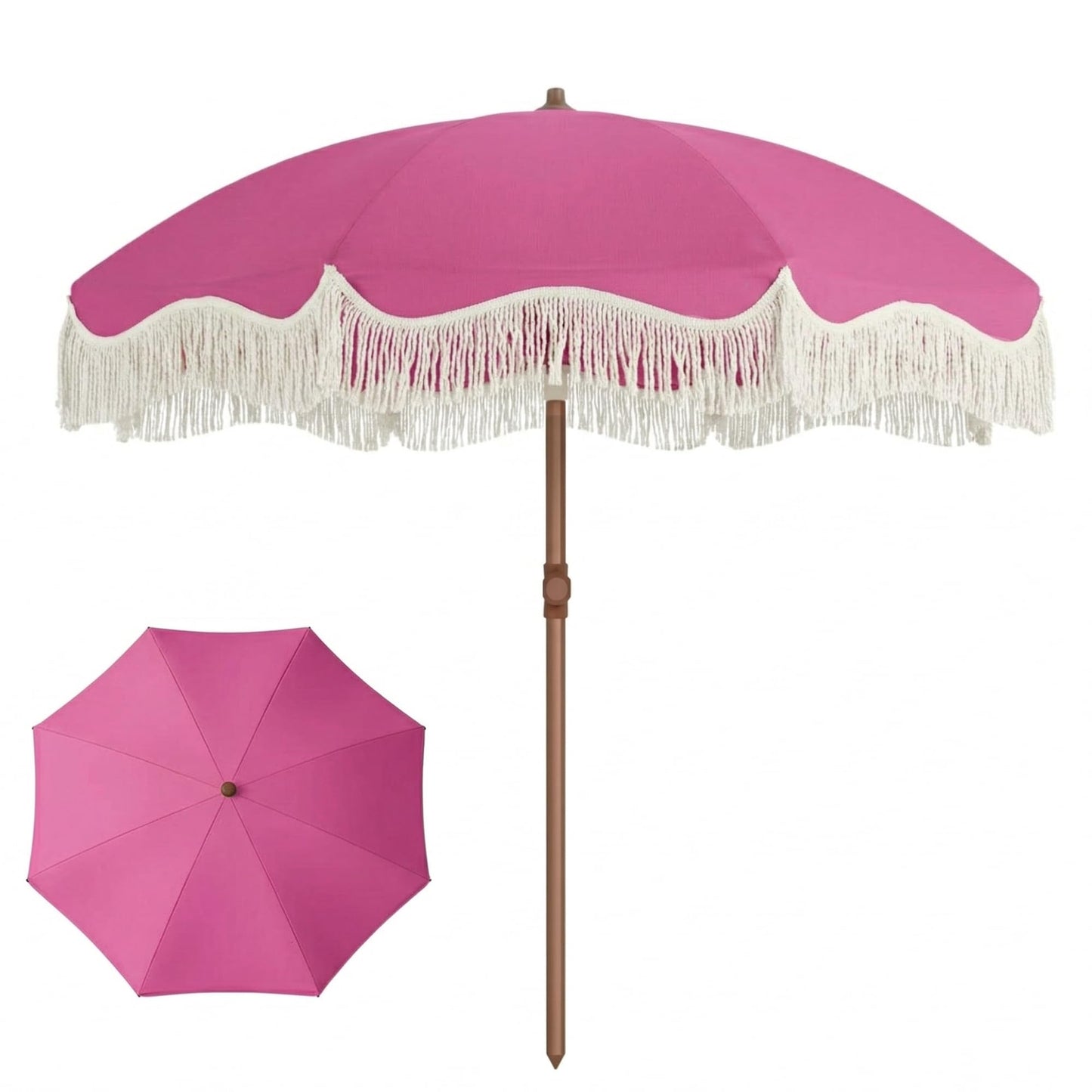 Patio Kingdom 7ft Patio Umbrella with Fringe, Boho Beach Umbrellas, Outdoor Tassels Umbrellas with Push Button Tilt & Carrying Bag, 8 Windproof Fiberglass Ribs, UPF50+, Light Pink