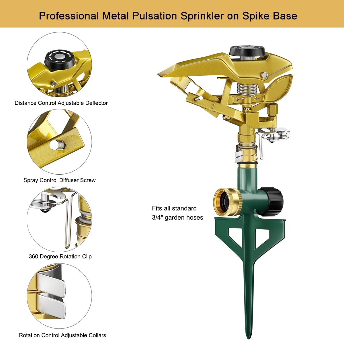 FANHAO Heavy Duty Pulsating Impact Sprinkler on Spike Base, 100% Metal Impact Sprinkler with 360° Adjustable Spray Pattern for Large Area Lawn & Yard Irrigation, Covers Up to 5800 sq. Ft