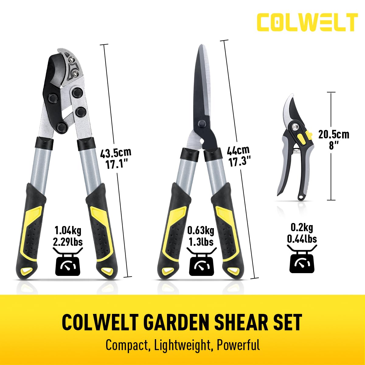 Colwelt Loppers Hedge Shears Garden Shears Set 3Pcs, Compact 17’’ Anvil Branch Cutter & Hedge Clippers & Garden Scissors, Shears Gardening Tools for Yard(Set for the bulk of light-to-moderate pruning)