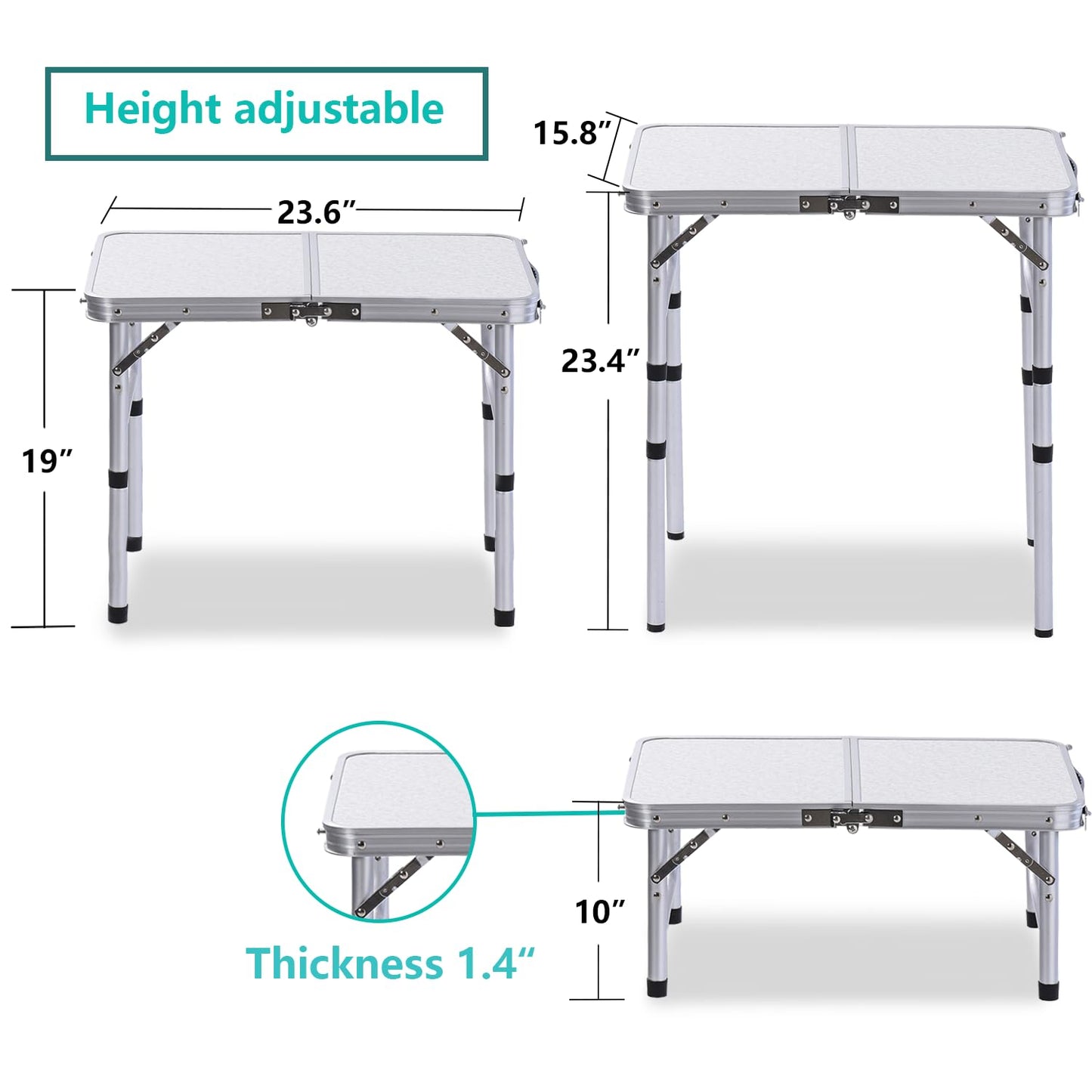 YihuiKo Folding Camping Table with Adjustable Height, 23.6" x 15.8" Portable Lightweight Tables with Aluminum Legs for Outdoor Camp, Picnic, Beach, Backyard, Tailgate Cooking, 3 Heights