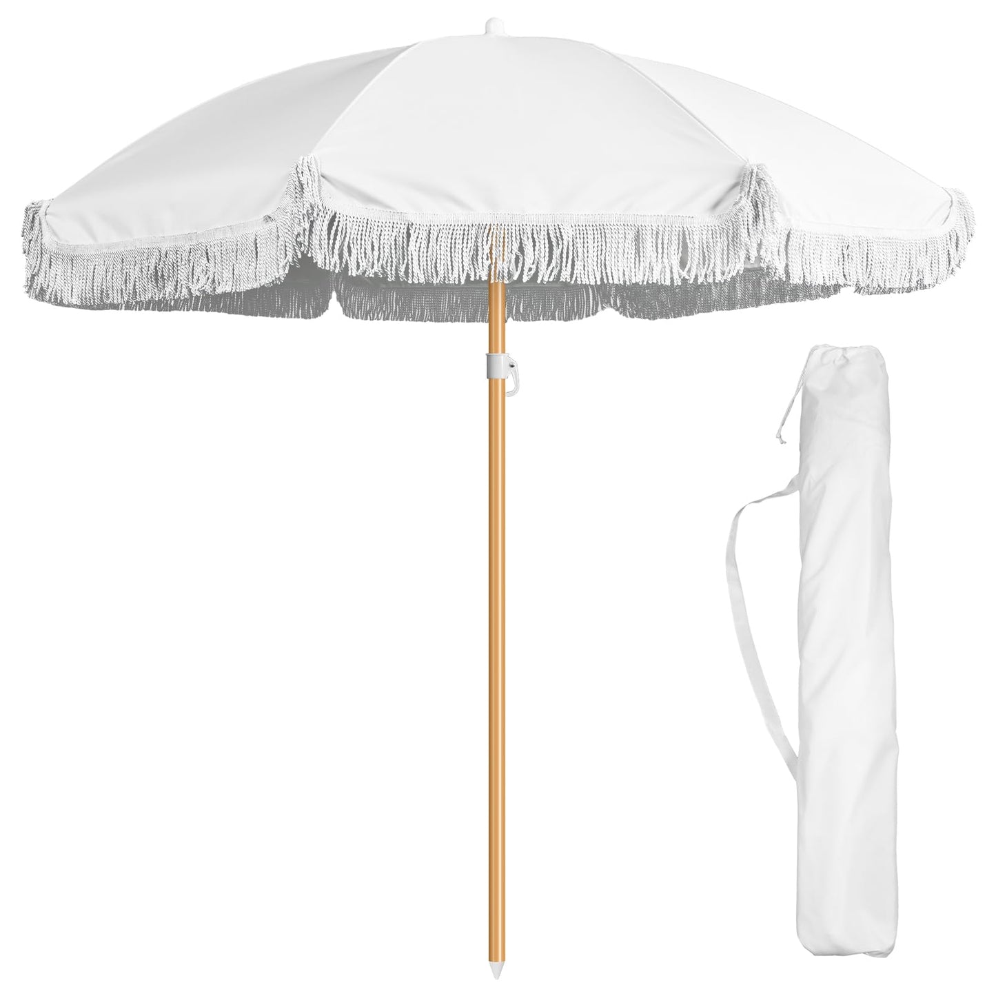 Talltalk 6 Ft Outdoor Beach Patio Umbrella with Fringe, Steel Pole, Steel Ribs and Carry Bag Elegant Table UPF 50+ UV Boho Umbrella for Outdoor Patio Picnic Beach Backyard(White No Steering)