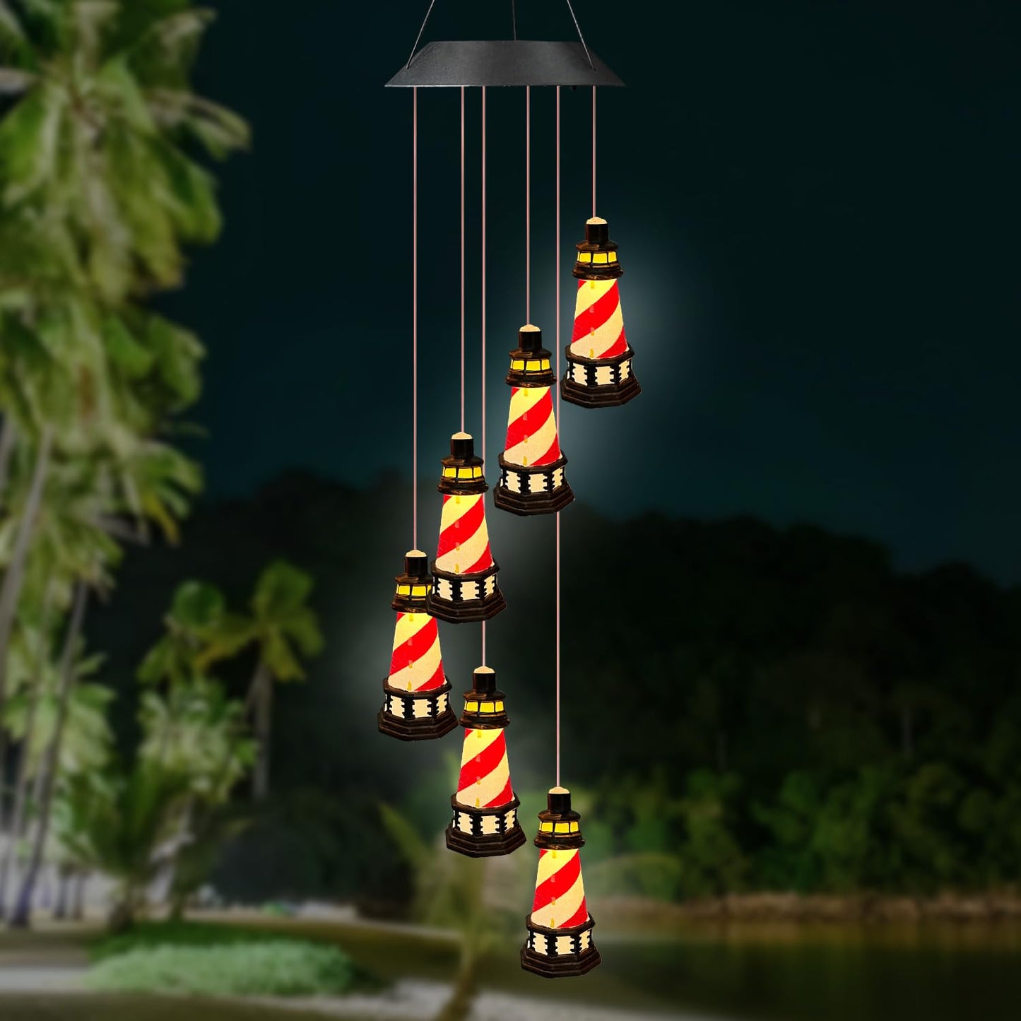 Lighthouse Solar Windchimes Outdoor Lighthouse Decorative Wind Chimes Solar Hanging Lighthouse Outdoor Garden Lighthouse（Red）